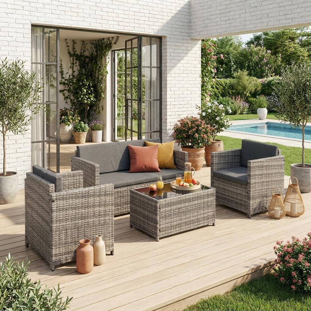 Wicker loungeset - 4 plaatsen - 1 bank, 2 fauteuils, een lage tafel, grijstinten Photo1