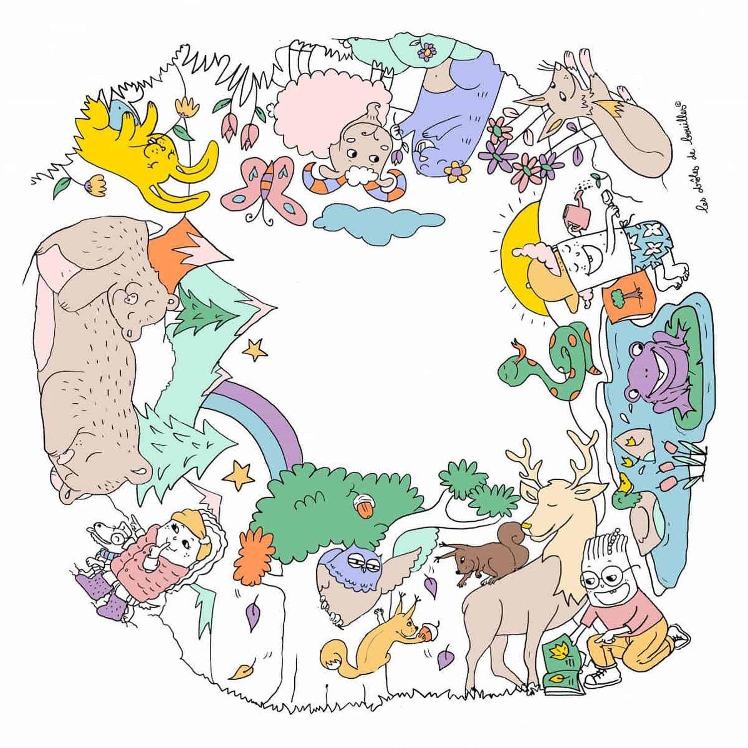 Table enfant à colorier La balade en forêt – Coloritable Les drôles de bouilles, Made in Europe, effaçable, 60x60cm, pieds ronds en bois, feutres fournis  Photo3