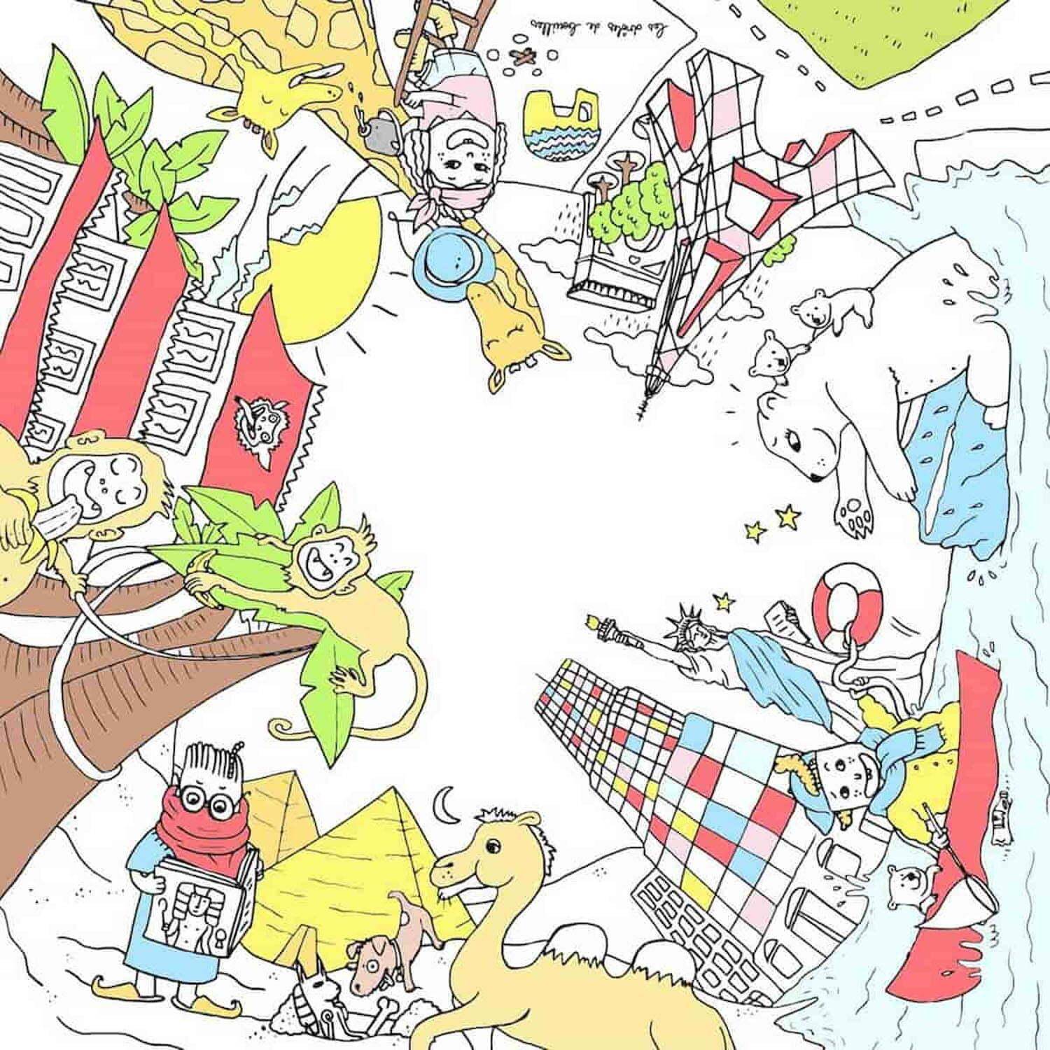 Mesa infantil para colorear Le voyage formidable - Coloritable Les drôles de bouilles, Made in Europe, borrable, 60x60cm, patas redondas de madera, rotuladores incluidos,sweeek,Photo4