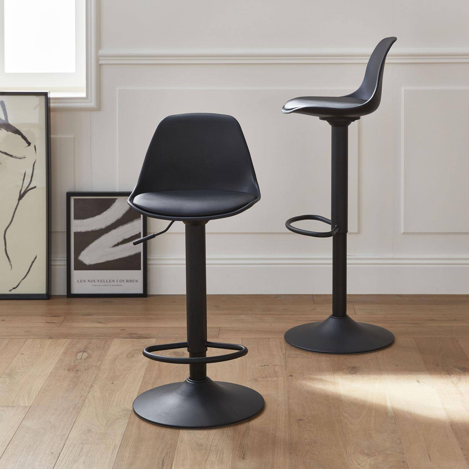 Pair of faux leather, rounded backrest, adjustable bar stools, seat height 61.5 - 83.5cm - Noah - Black,sweeek,Photo2