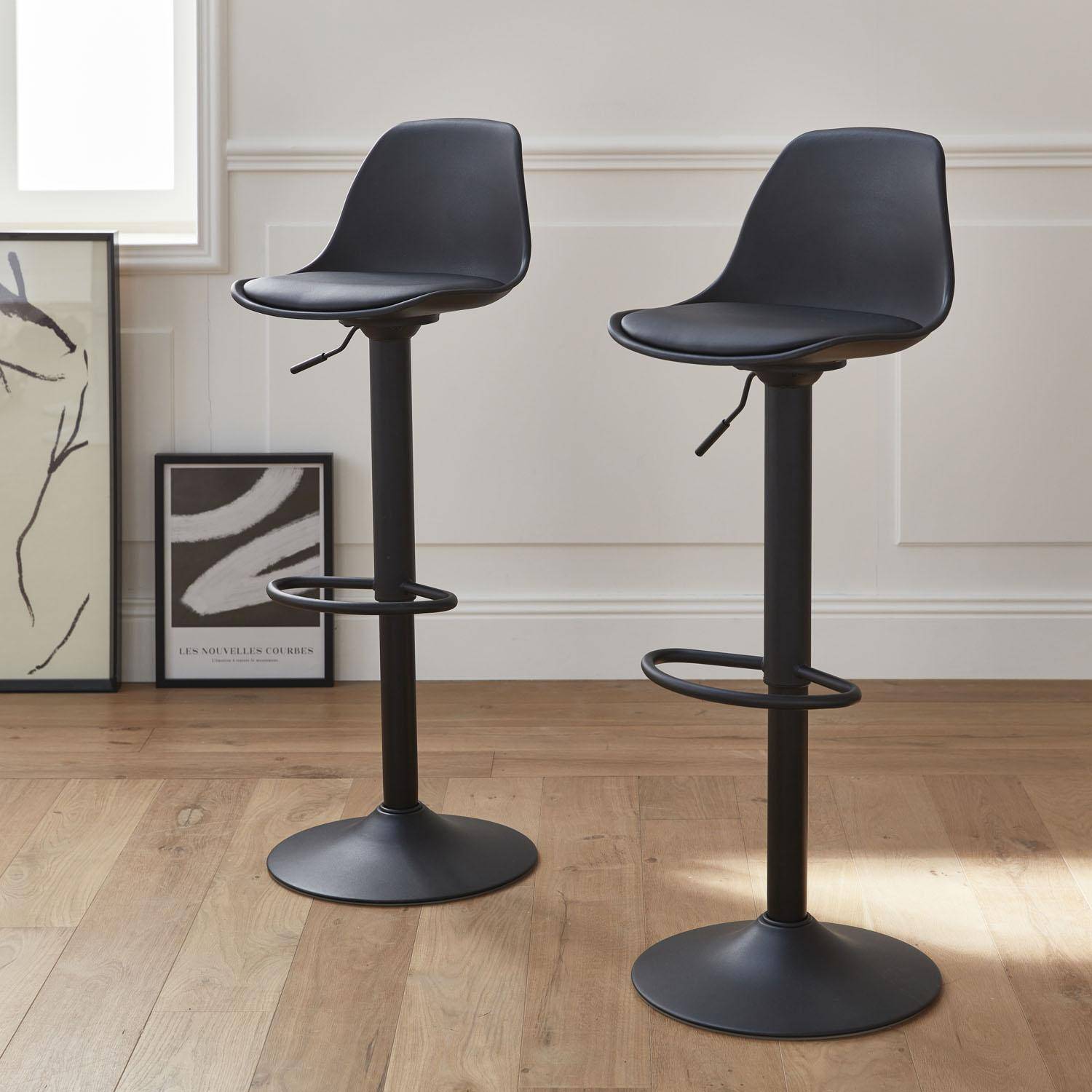 Pair of faux leather, rounded backrest, adjustable bar stools, seat height 61.5 - 83.5cm - Noah - Black Photo1