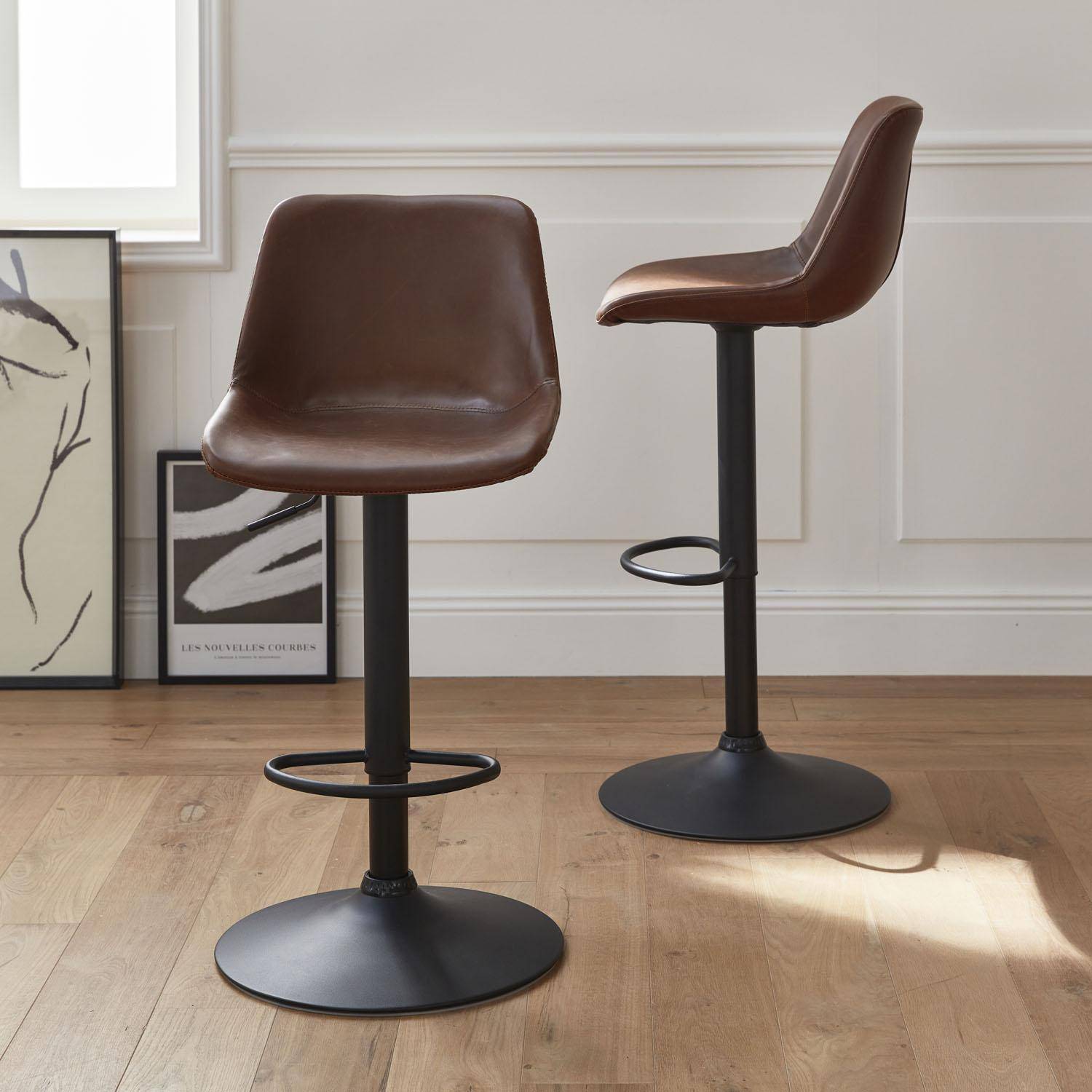 Pair of faux leather, square backrest, adjustable bar stools, seat height 61.5 - 83.5cm - Noah - Brown,sweeek,Photo2