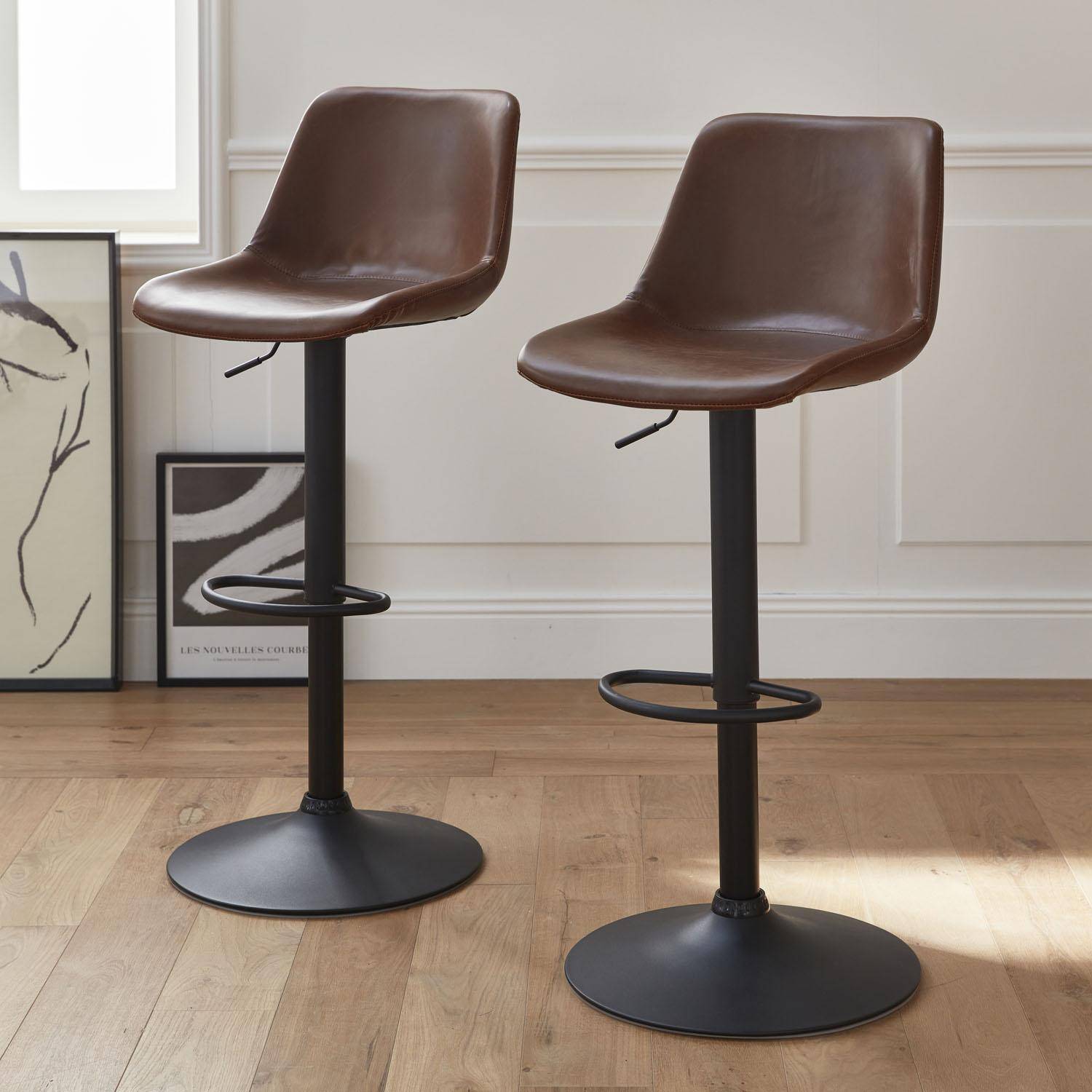 Pair of faux leather, square backrest, adjustable bar stools, seat height 61.5 - 83.5cm - Noah - Brown,sweeek,Photo1