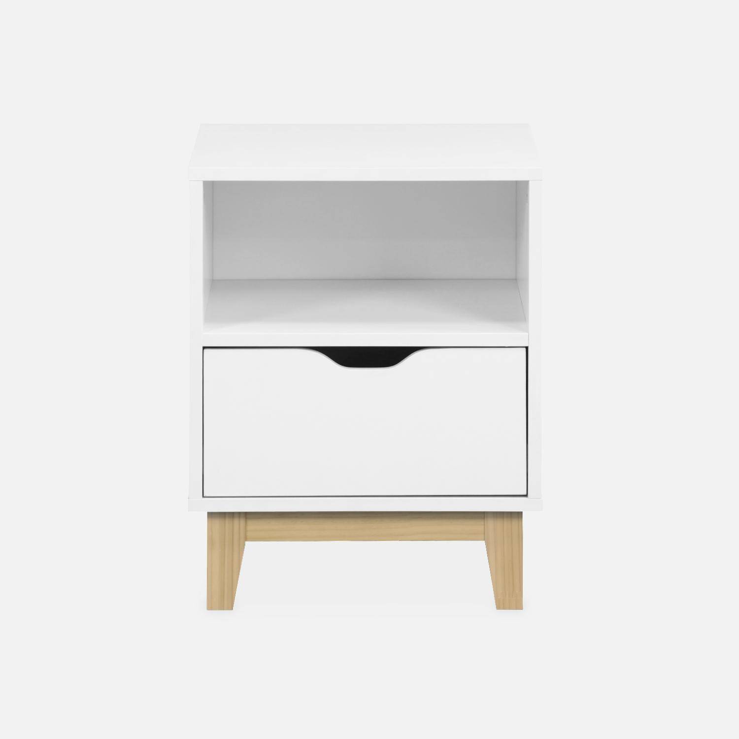 White bedside table with fir wood legs - Floki - 40 x 39 x 52cm - 1 drawer and 1 niche Photo5