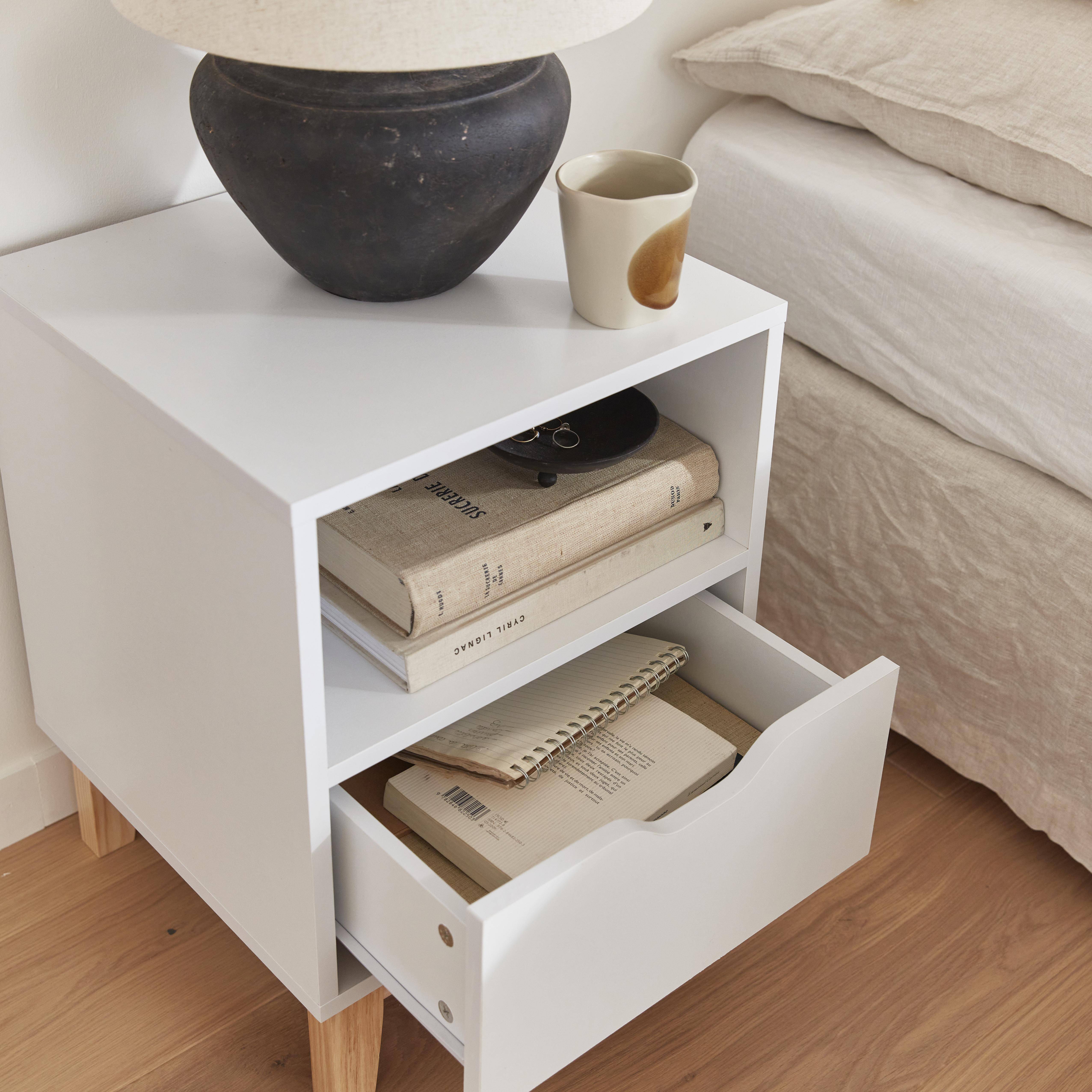 White bedside table with fir wood legs - Floki - 40 x 39 x 52cm - 1 drawer and 1 niche Photo2