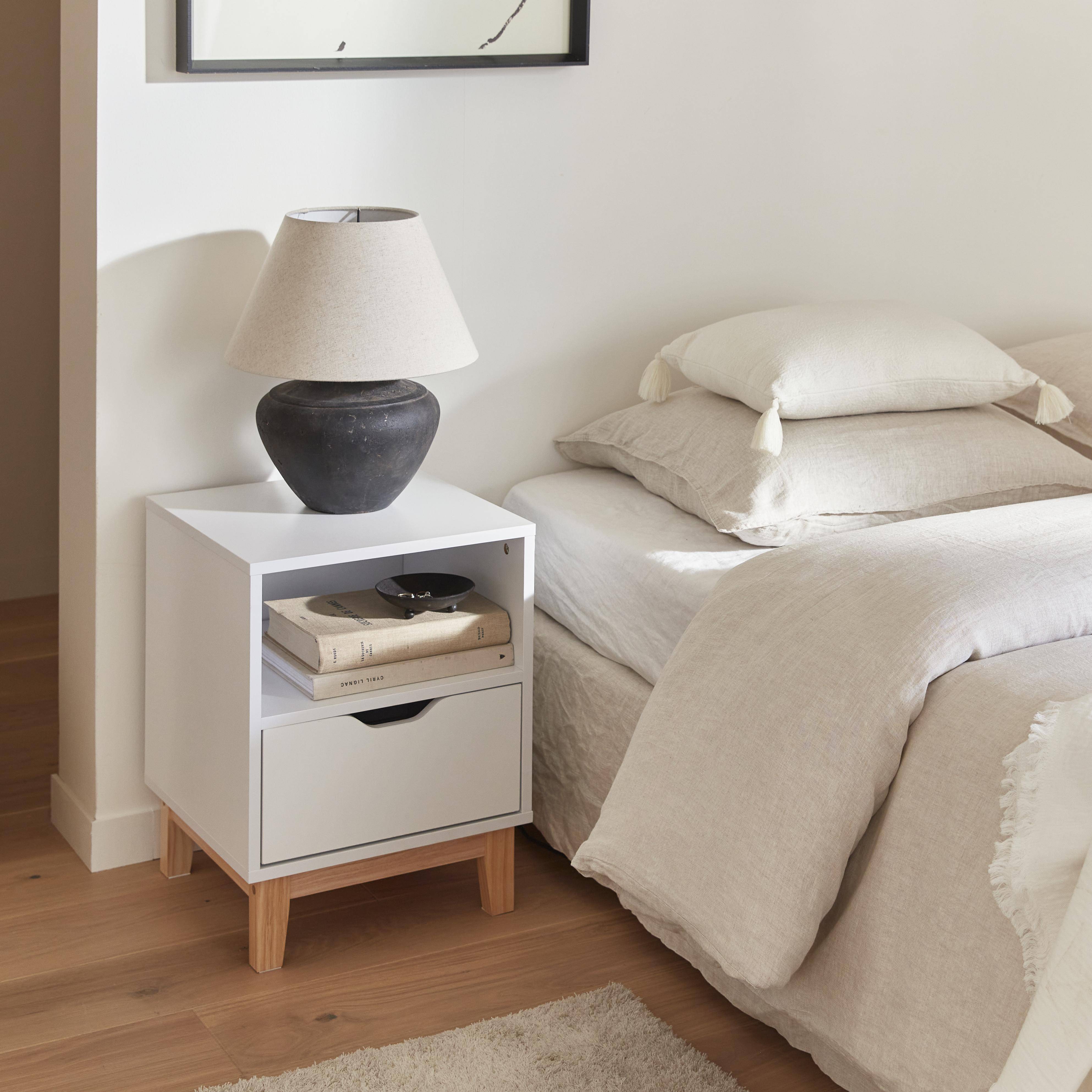 White bedside table with fir wood legs - Floki - 40 x 39 x 52cm - 1 drawer and 1 niche Photo1