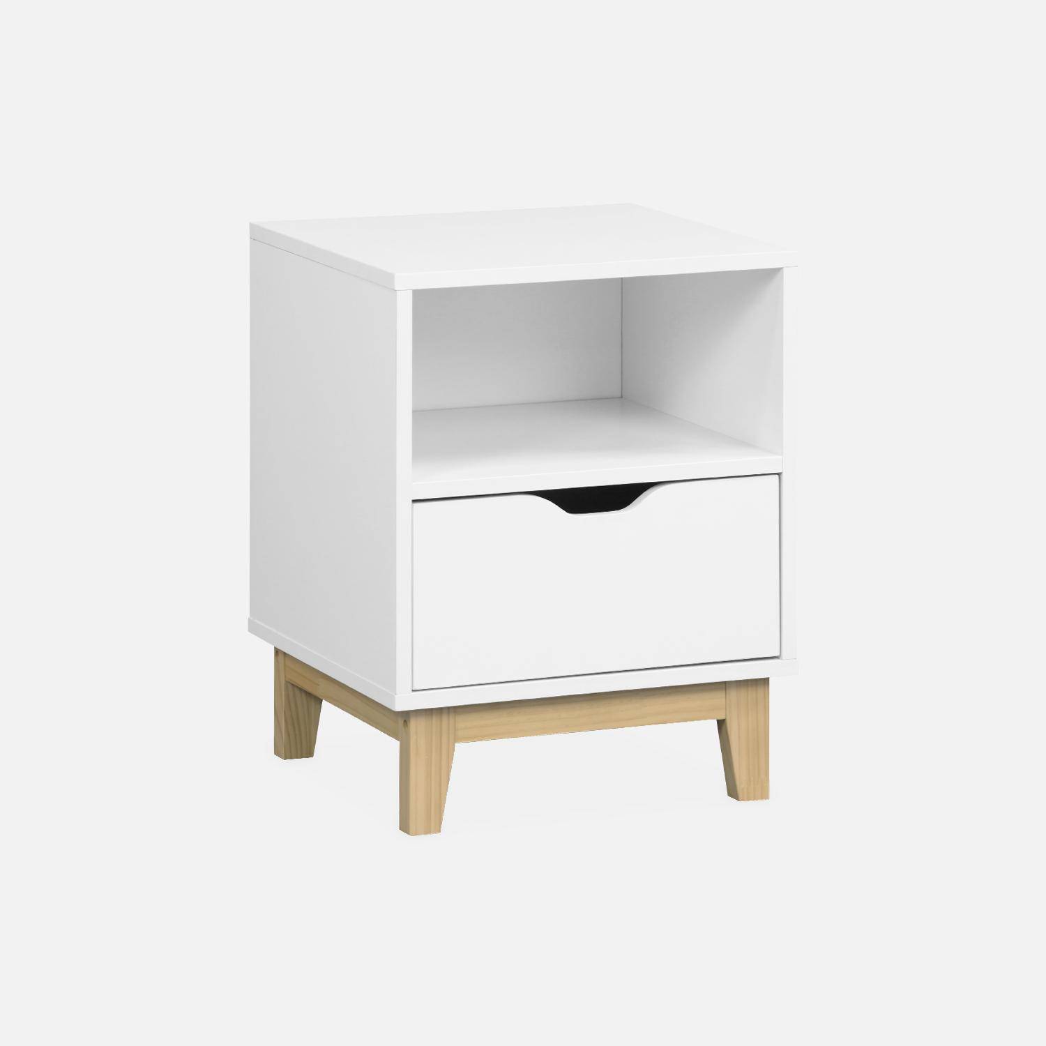 White bedside table with fir wood legs - Floki - 40 x 39 x 52cm - 1 drawer and 1 niche Photo4