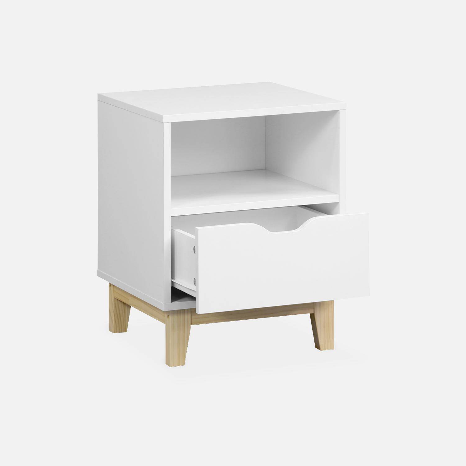 White bedside table with fir wood legs - Floki - 40 x 39 x 52cm - 1 drawer and 1 niche Photo3