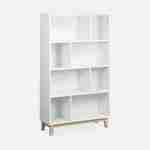 Witte boekenkast, Scandinavisch design, asymmetrische plank - Floki - dennenhouten poten, 4 planken, 8 vakken, 80x30x138cm   Photo4
