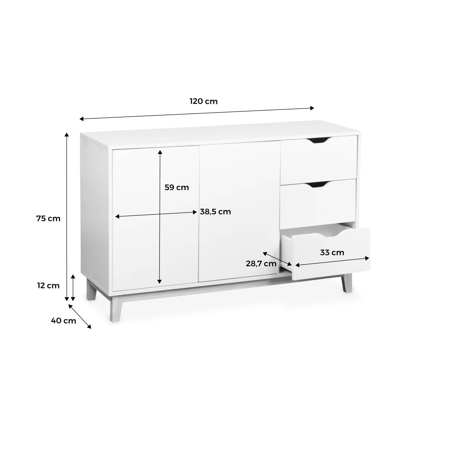 Buffet de rangement blanc, pieds bois - Floki - avec 3 tiroirs, buffet 2 portes, buffet bas, 120x40x75 cm Photo7