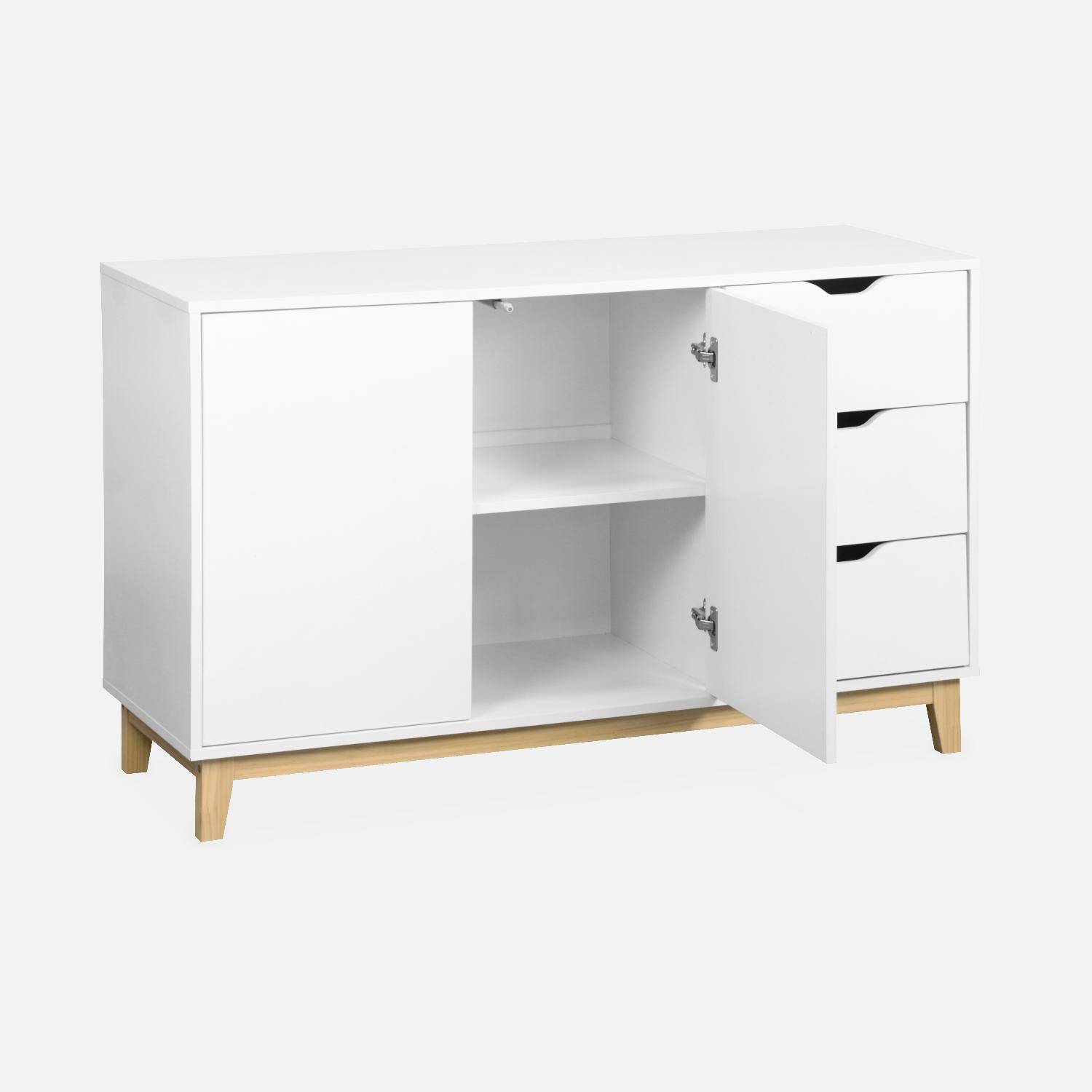 Buffet de rangement blanc, pieds bois - Floki - avec 3 tiroirs, buffet 2 portes, buffet bas, 120x40x75 cm Photo5