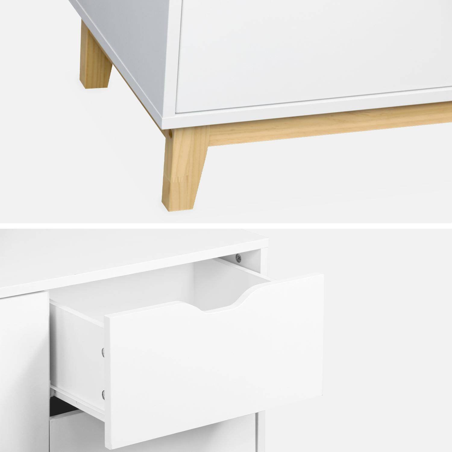 Buffet de rangement blanc, pieds bois - Floki - avec 3 tiroirs, buffet 2 portes, buffet bas, 120x40x75 cm Photo6