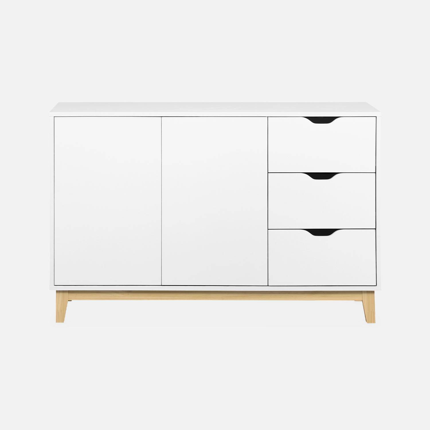 Buffet de rangement blanc, pieds bois - Floki - avec 3 tiroirs, buffet 2 portes, buffet bas, 120x40x75 cm Photo4