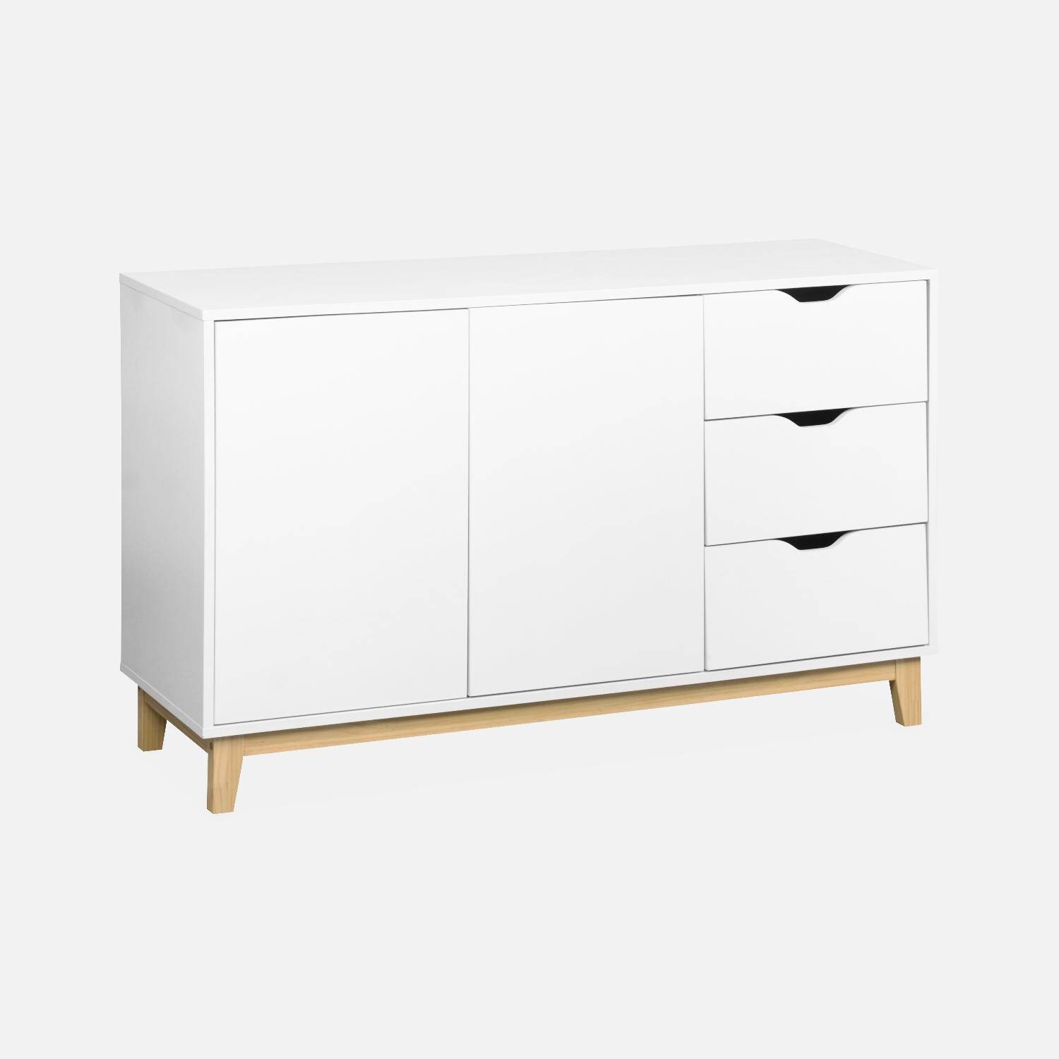 Buffet de rangement blanc, pieds bois - Floki - avec 3 tiroirs, buffet 2 portes, buffet bas, 120x40x75 cm Photo3