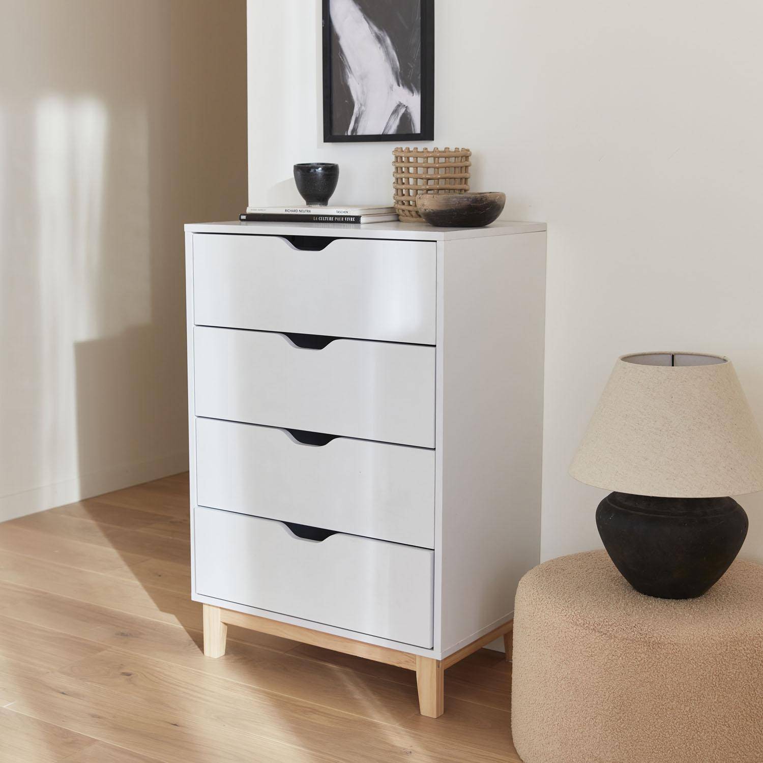 Commode blanche scandinave - Floki - pieds en bois de sapin, 4 tiroirs, 60x40x90cm  Photo1