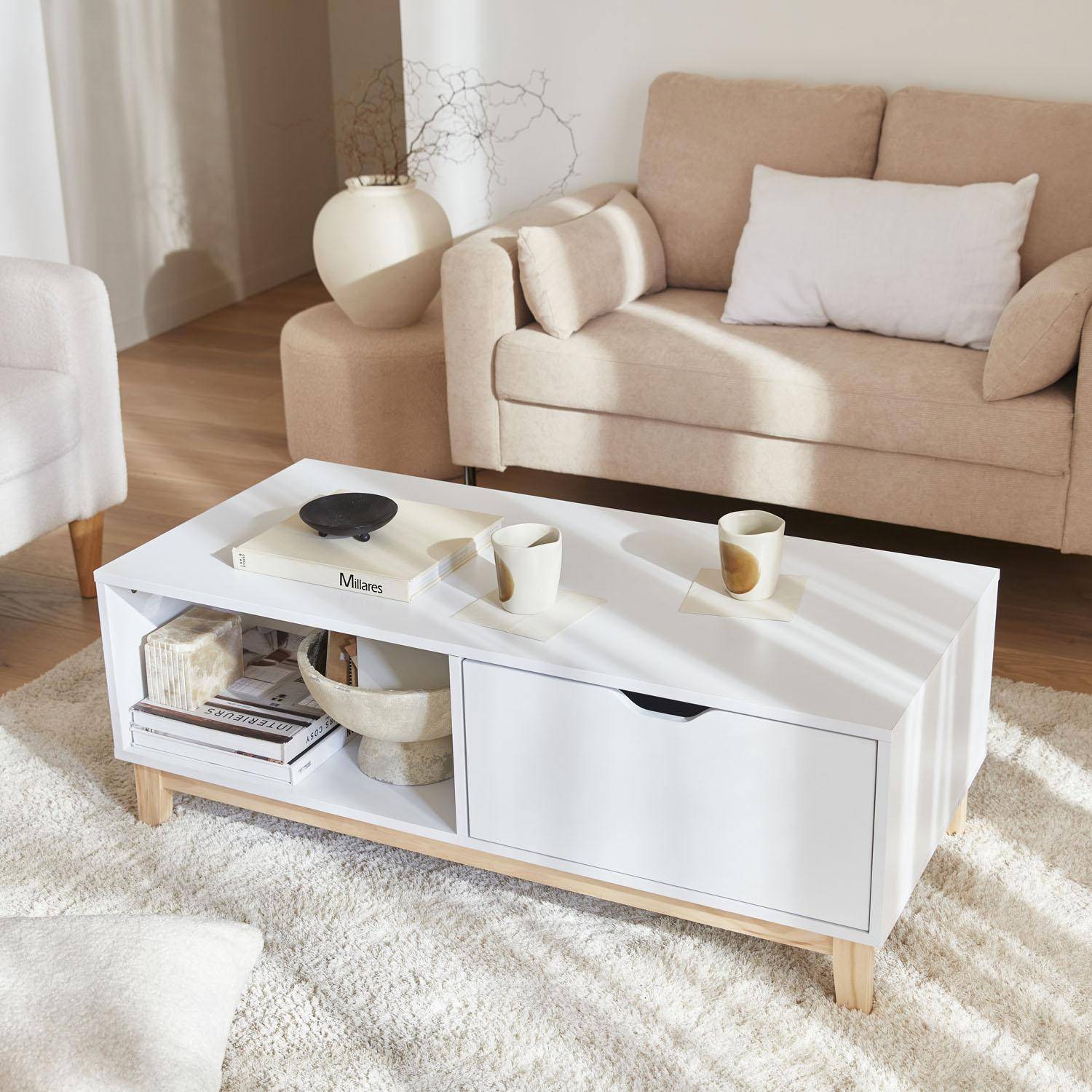Tavolino scandinavo bianco - Floki - con 1 cassetto, gambe in legno di abete, 110x50x40cm Photo1