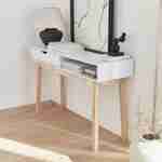 Console scandinave blanche - Floki - avec 1 tiroir et 1 niche, pieds évasé en bois de sapin, 119x37x74.5cm Photo2