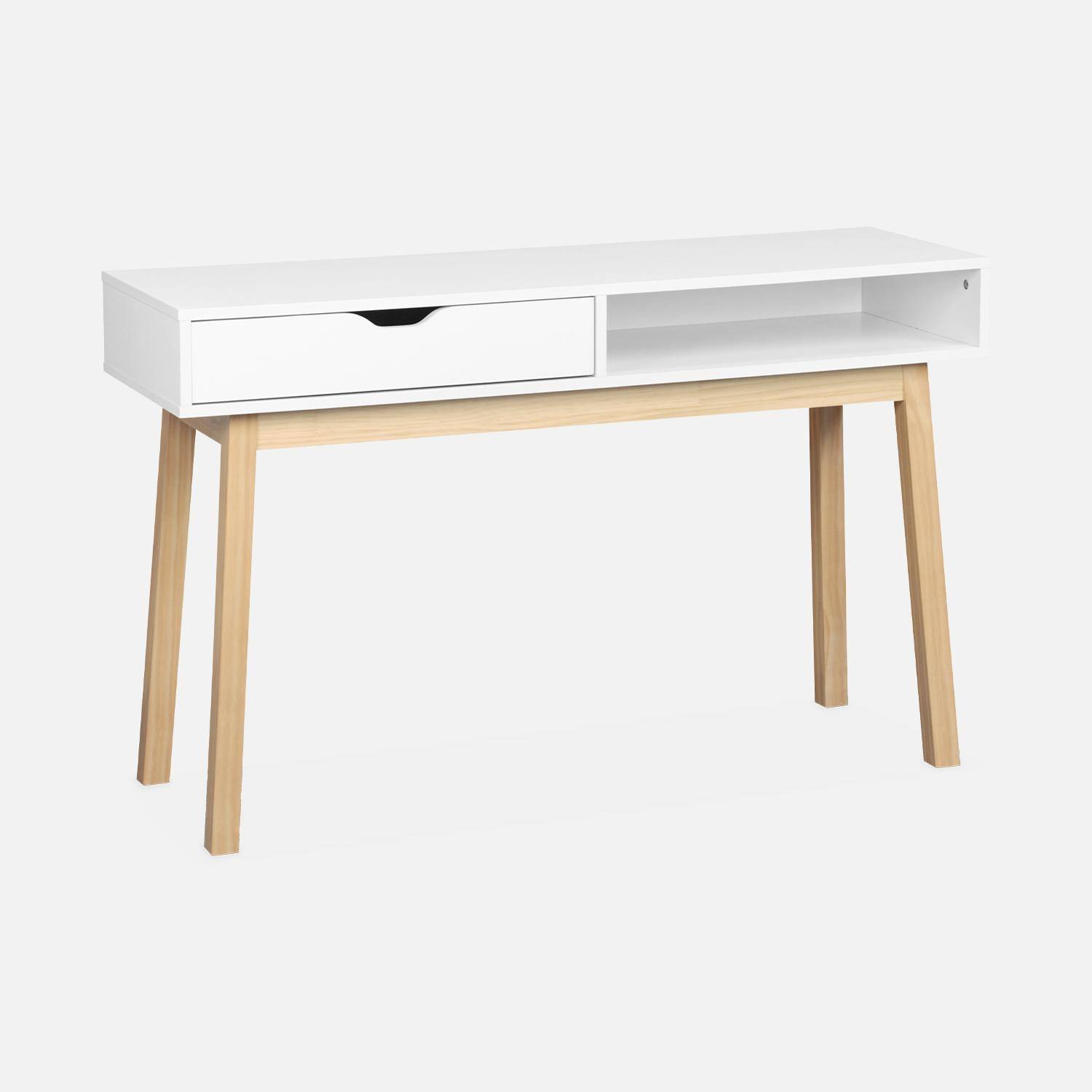 L119cm x W37cm x H74.5cm, Console with Wood Effect and Wooden Legs, 1 Drawer, white,  Photo3