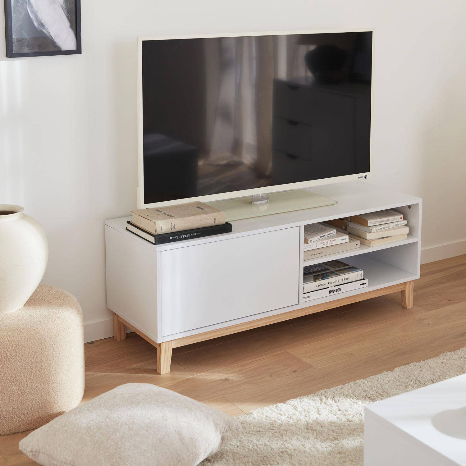 Scandinavian white TV stand - Floki - 1 drawer, fir wood legs, 120x40x45cm Photo1