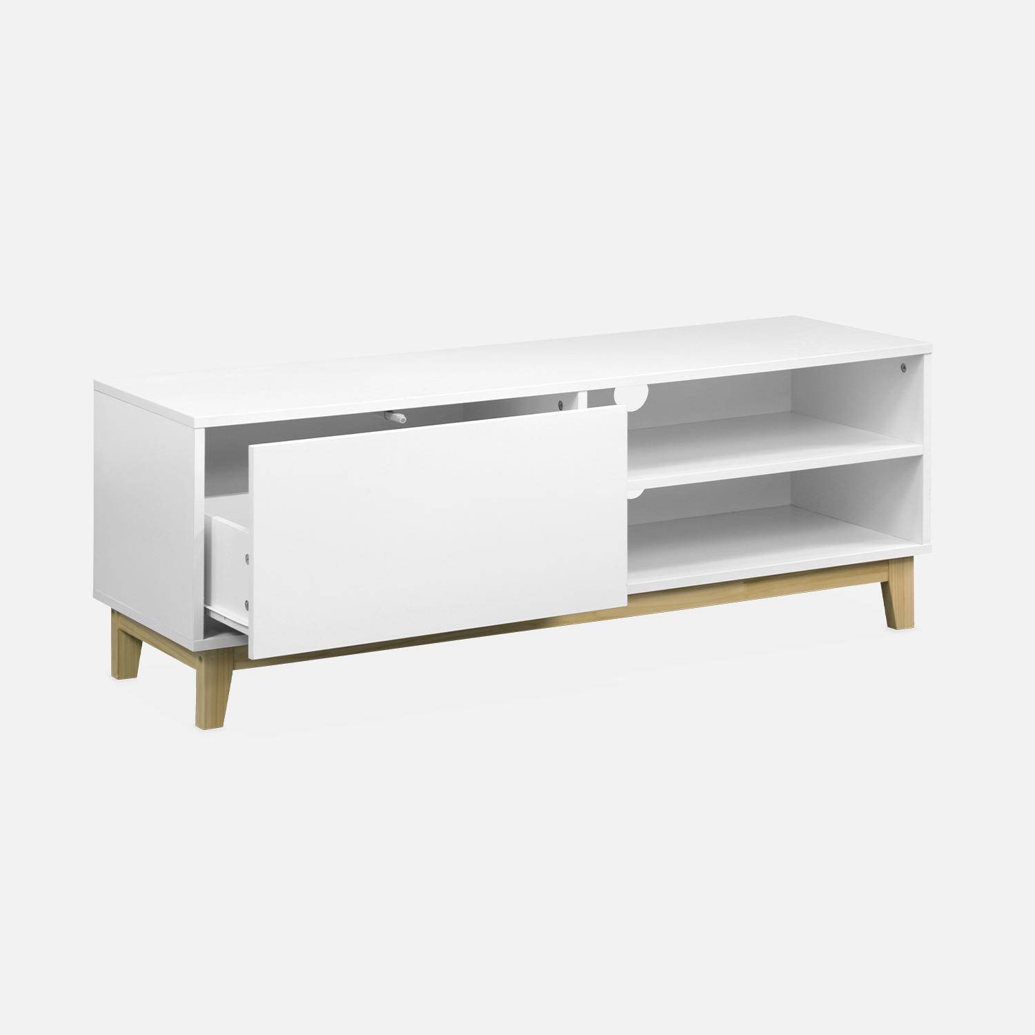 Scandinavian white TV stand - Floki - 1 drawer, fir wood legs, 120x40x45cm Photo4