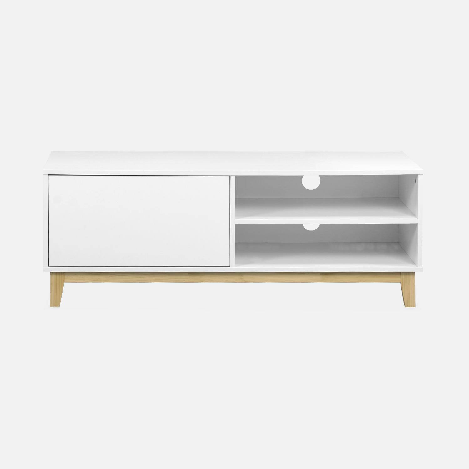 Scandinavian white TV stand - Floki - 1 drawer, fir wood legs, 120x40x45cm,sweeek,Photo5