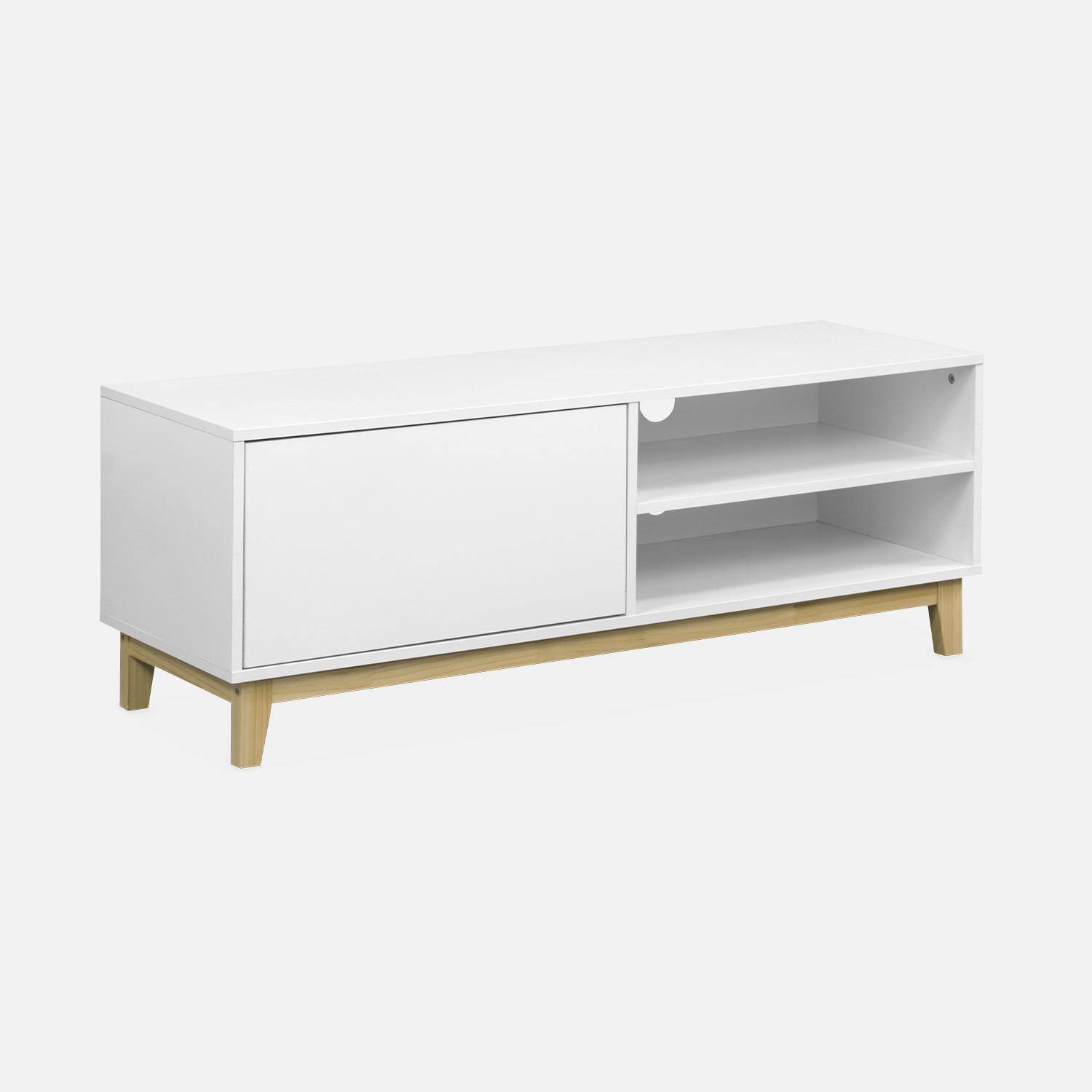 Scandinavian white TV stand - Floki - 1 drawer, fir wood legs, 120x40x45cm Photo3