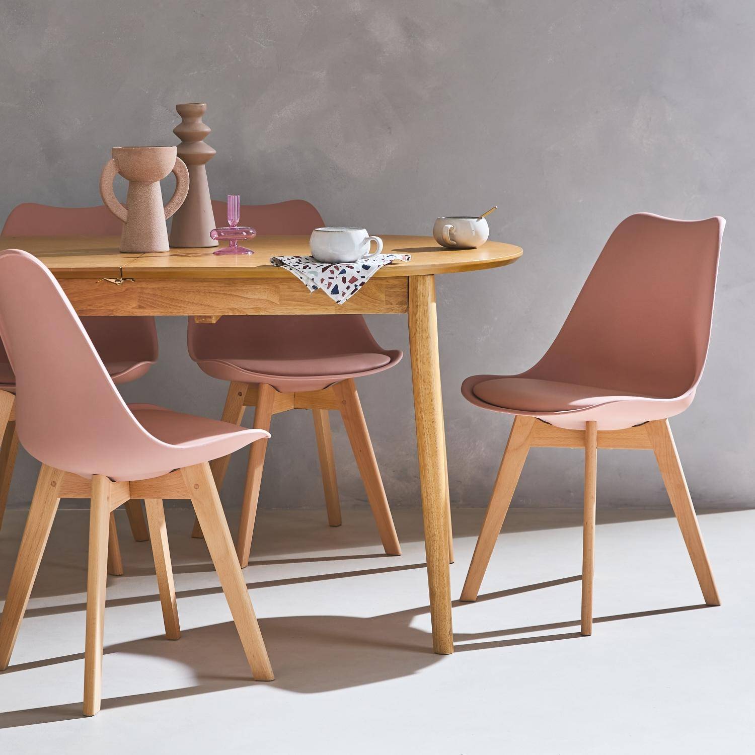 Lot de 4 chaises scandinaves, pieds bois de hêtre, fauteuils 1 place, vieux rose Photo1