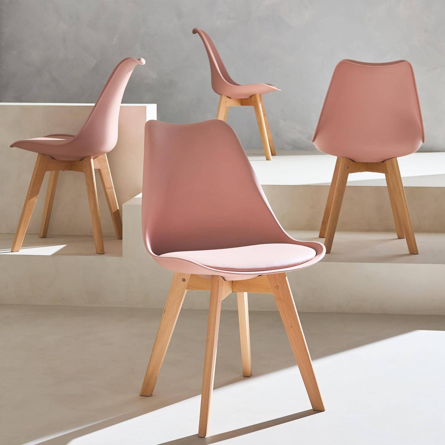 Lot de 4 chaises scandinaves, pieds bois de hêtre, fauteuils 1 place, vieux rose Photo2