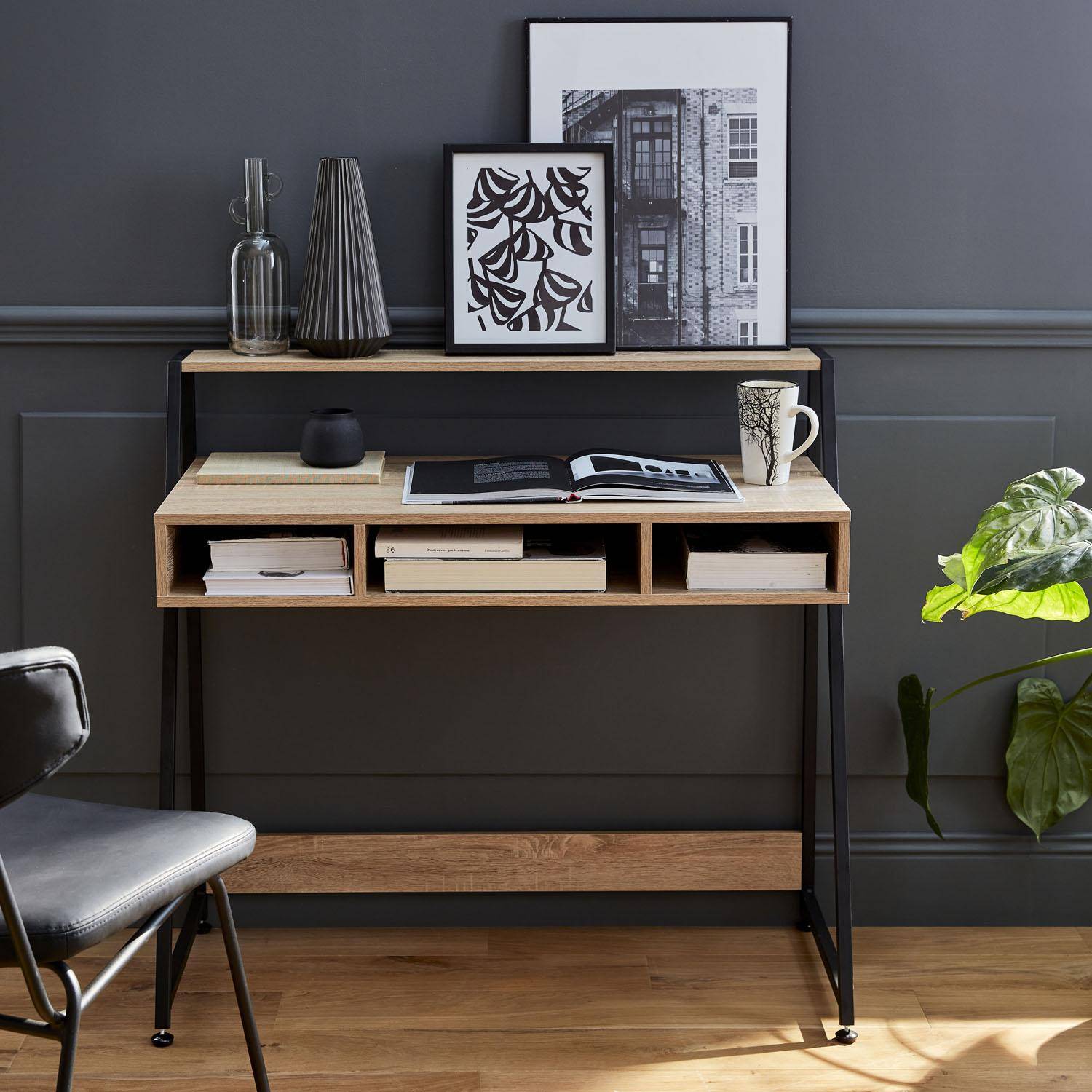 Schreibtisch - LOFT - 3 Aufbewahrungsfächer - 1 Regal - Holzdekor und Metall - L 100 x B 48 x H 94,5 cm Photo1