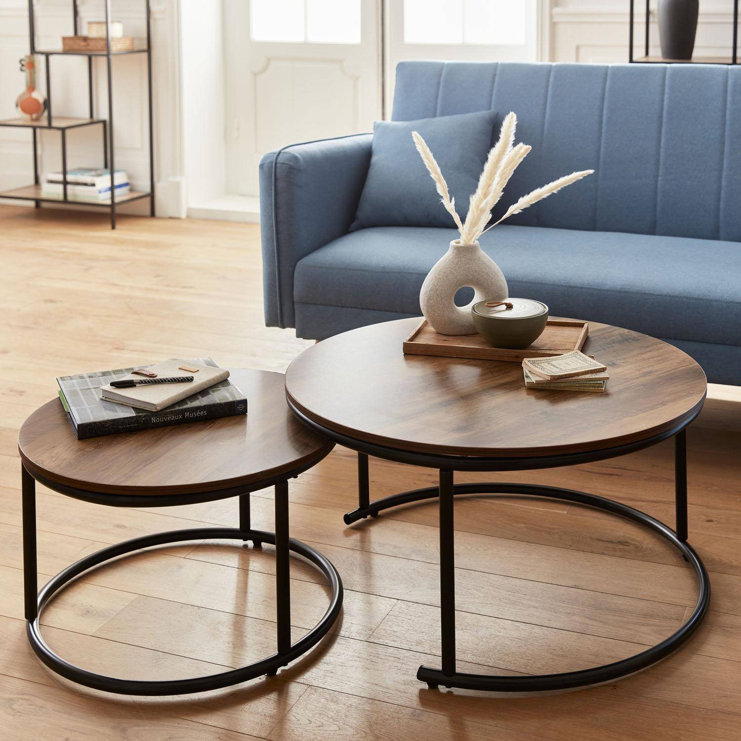 Pair of round, metal and wood-effect nesting coffee tables, 77x40x57cm - Loft Photo1