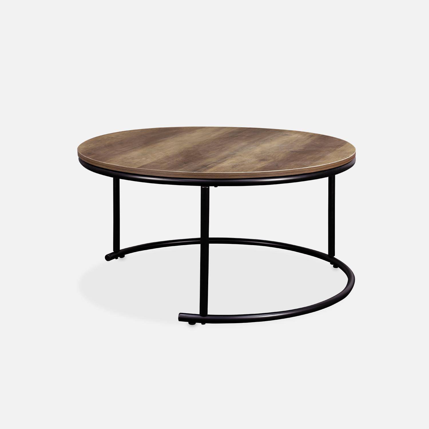 Set 2 ronde inschuifbare lage tafels van zwart metaal en een blad met houtlook, 1x Ø77xh40cm / x1 Ø57xh35cm Photo5
