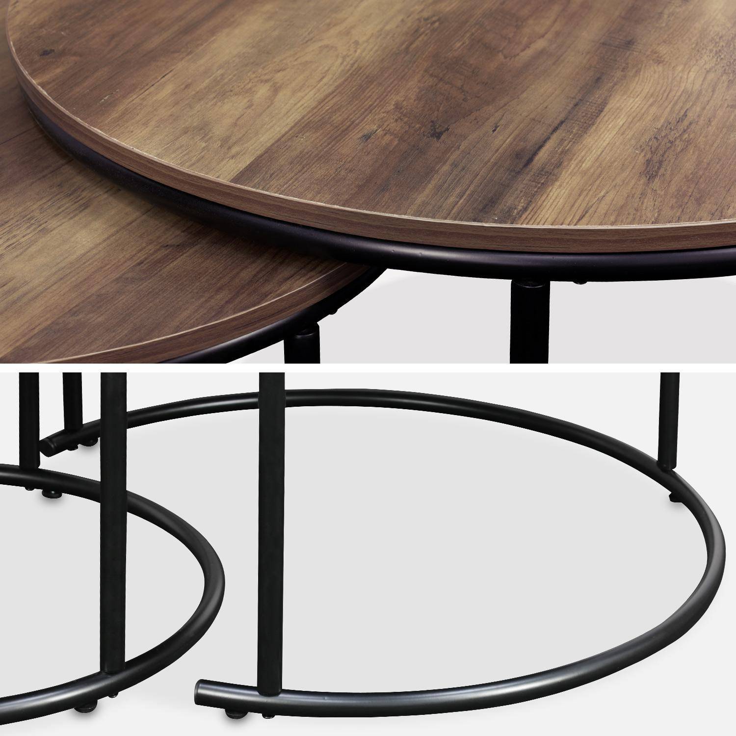 Set 2 ronde inschuifbare lage tafels van zwart metaal en een blad met houtlook, 1x Ø77xh40cm / x1 Ø57xh35cm,sweeek,Photo7