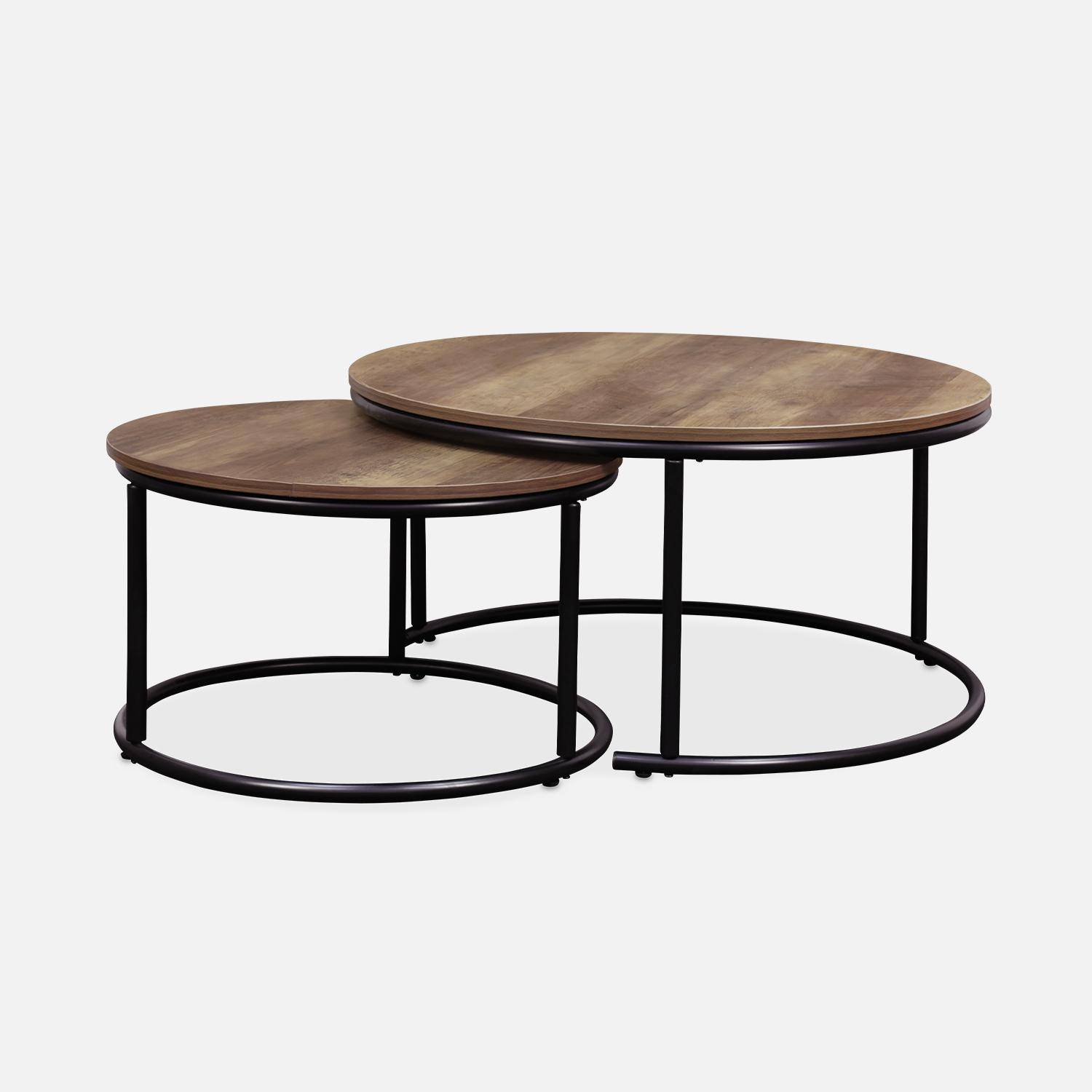Set 2 ronde inschuifbare lage tafels van zwart metaal en een blad met houtlook, 1x Ø77xh40cm / x1 Ø57xh35cm Photo4