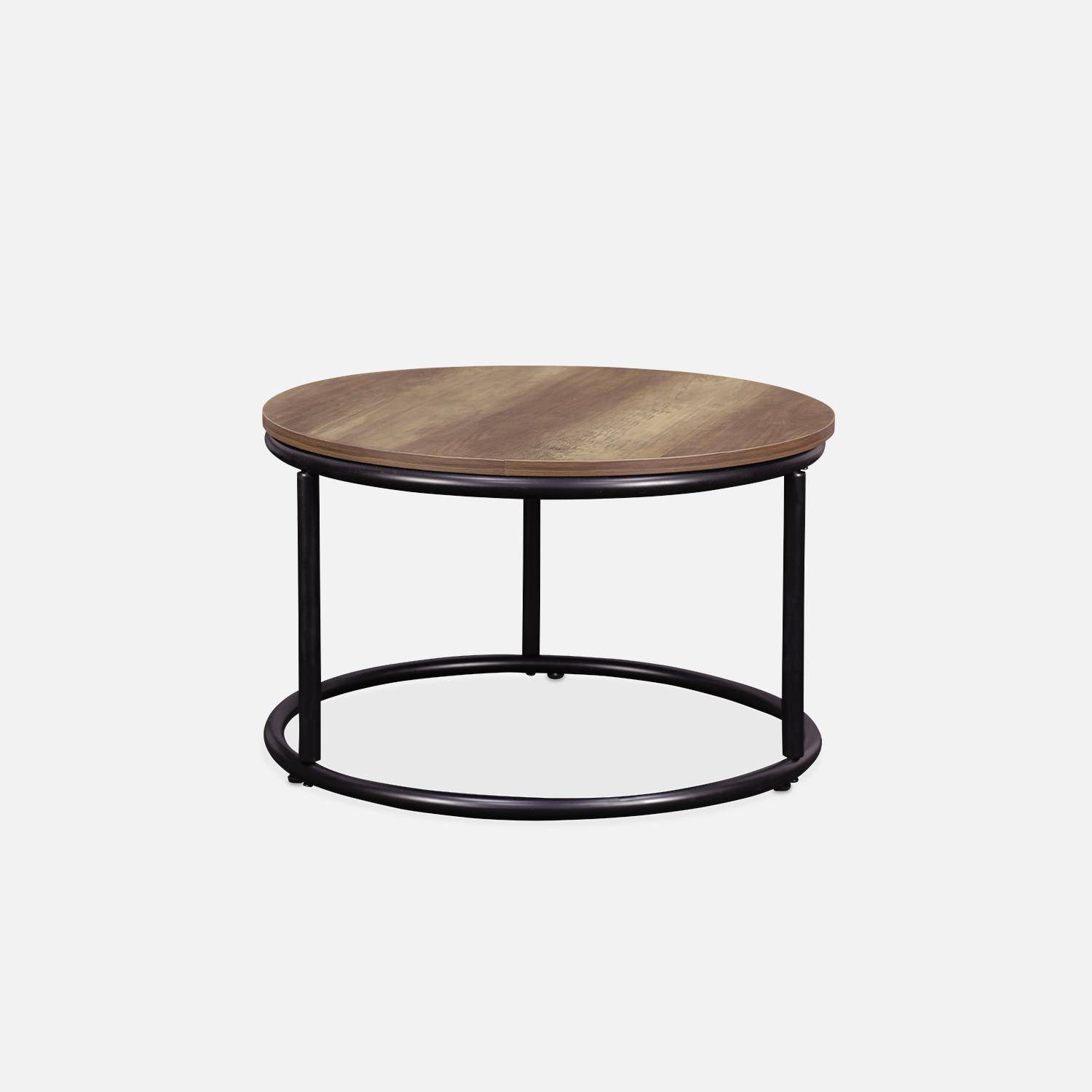 Set 2 ronde inschuifbare lage tafels van zwart metaal en een blad met houtlook, 1x Ø77xh40cm / x1 Ø57xh35cm Photo6