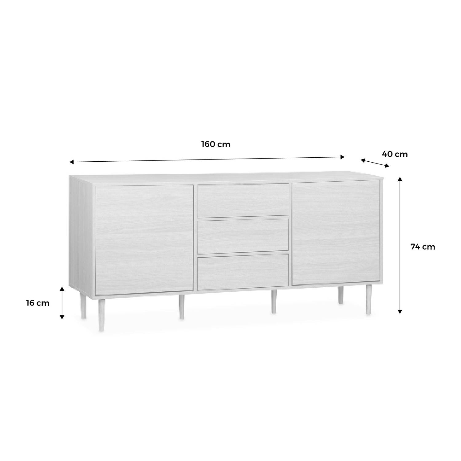 Buffet de rangement décor bois - Mika - 2 niveaux, 2 portes, 3 tiroirs, L 160 x l 40 x H 74cm Photo11