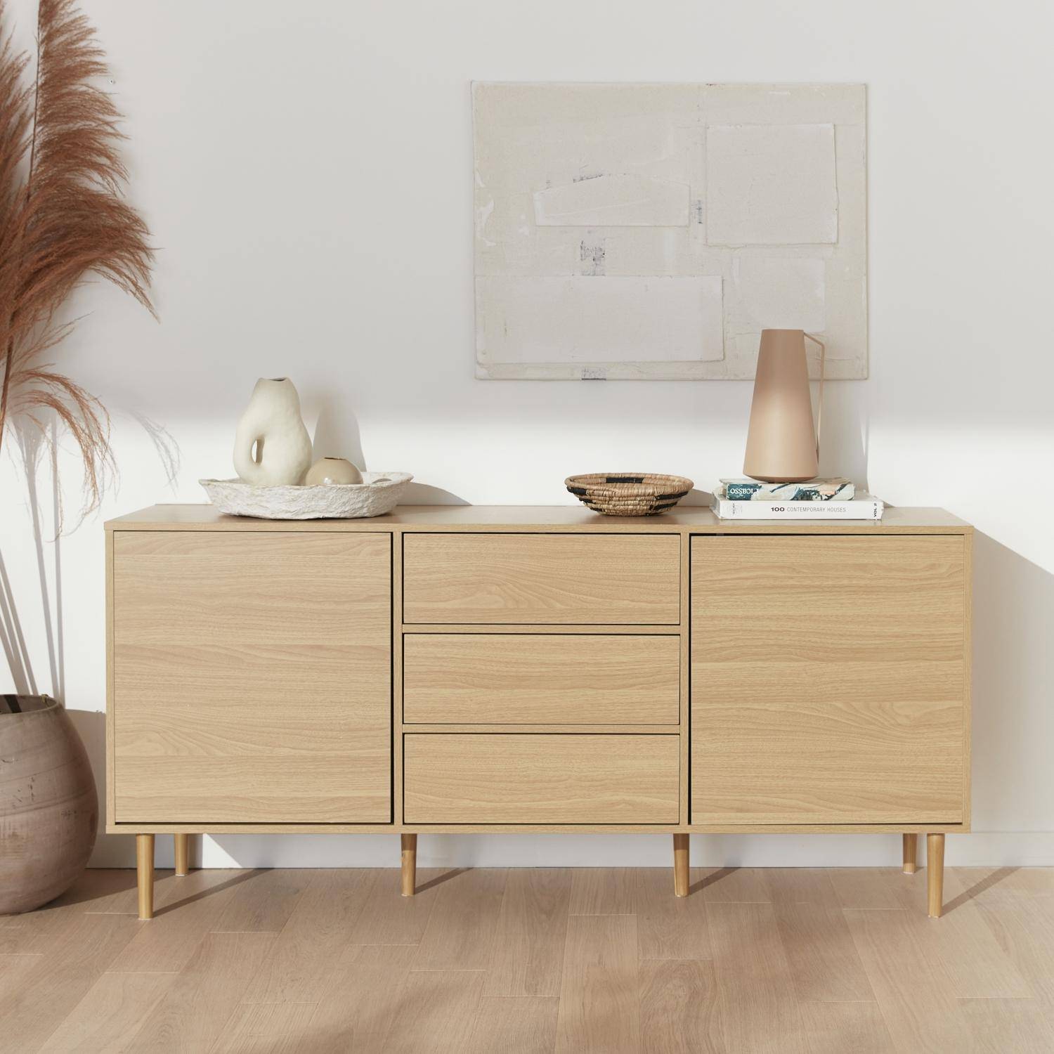 Credenza a 2 ante effetto legno, 160cm, Mika, Marrone naturale, 160x40x74 cm Photo1
