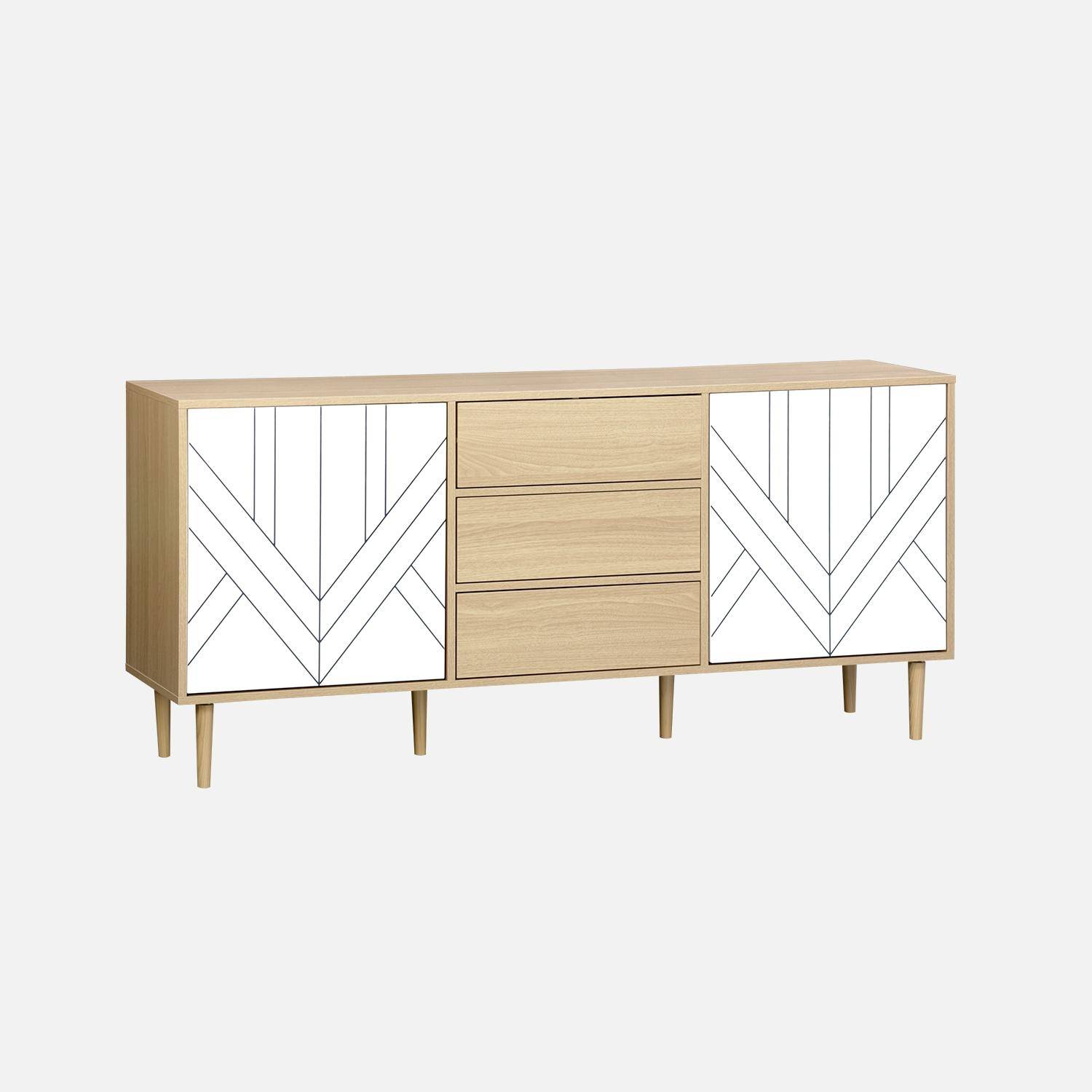Buffet de rangement décor bois et blanc - Mika - 2 niveaux, 2 portes, 3 tiroirs, buffet bas, L 160 x l 40 x H 74cm,sweeek,Photo3