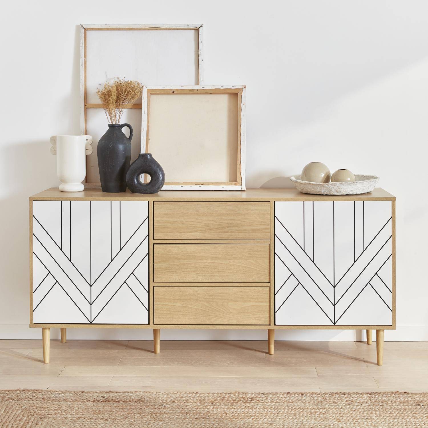 Buffet de rangement décor bois et blanc - Mika - 2 niveaux, 2 portes, 3 tiroirs, buffet bas, L 160 x l 40 x H 74cm Photo1