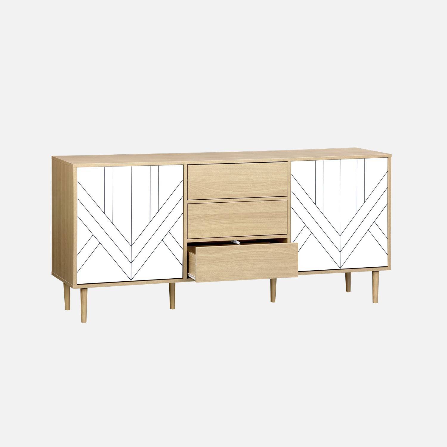 Buffet de rangement décor bois et blanc - Mika - 2 niveaux, 2 portes, 3 tiroirs, buffet bas, L 160 x l 40 x H 74cm,sweeek,Photo5