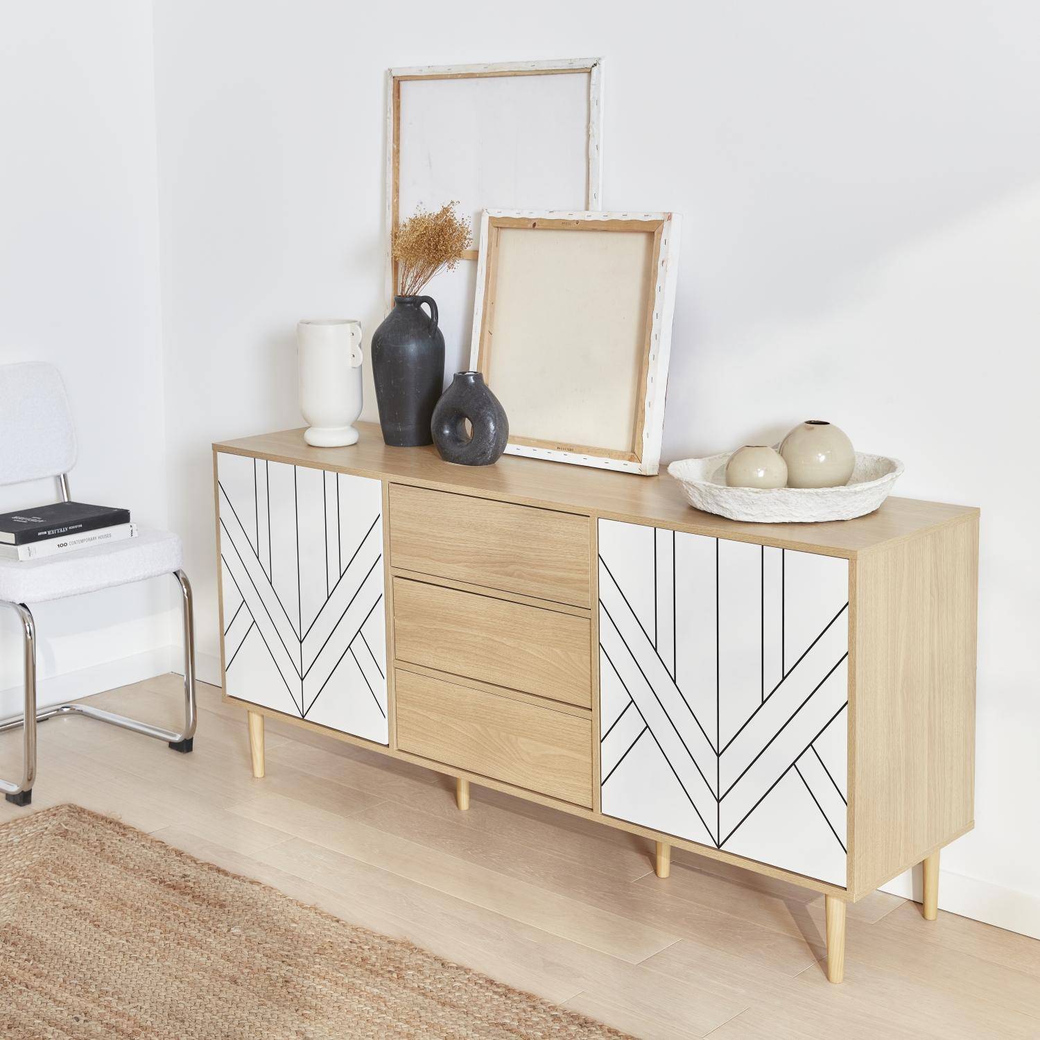 Buffet de rangement décor bois et blanc - Mika - 2 niveaux, 2 portes, 3 tiroirs, buffet bas, L 160 x l 40 x H 74cm Photo2