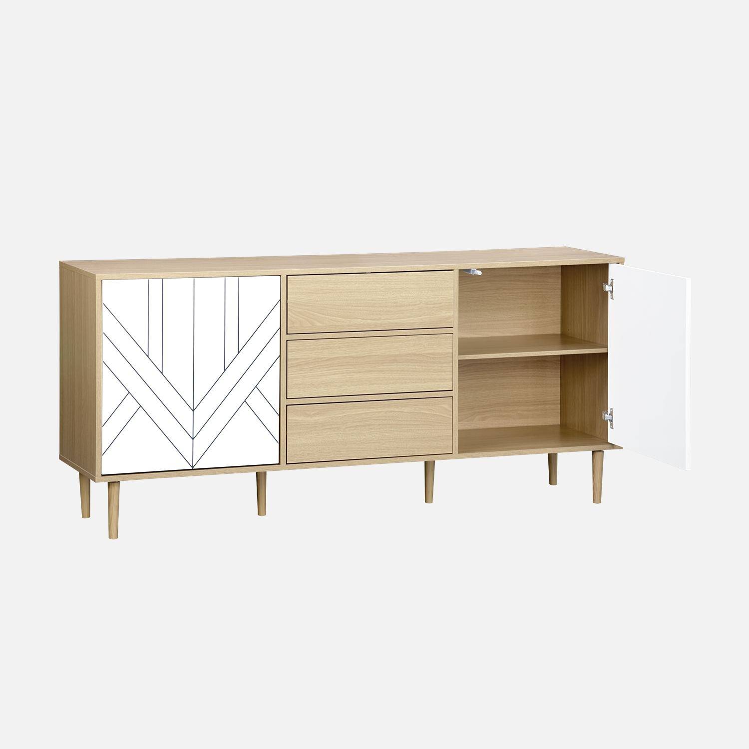 Buffet de rangement décor bois et blanc - Mika - 2 niveaux, 2 portes, 3 tiroirs, buffet bas, L 160 x l 40 x H 74cm Photo4