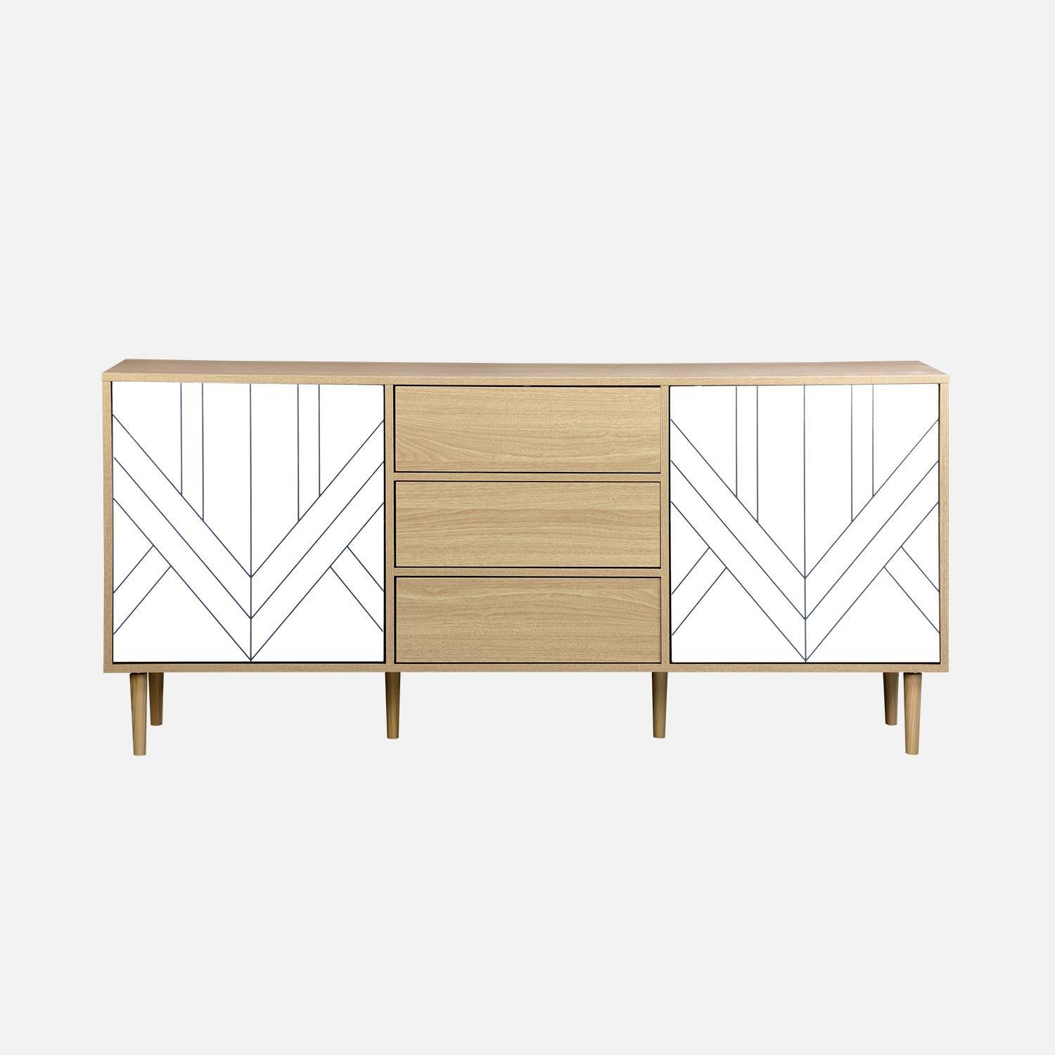 Buffet de rangement décor bois et blanc - Mika - 2 niveaux, 2 portes, 3 tiroirs, buffet bas, L 160 x l 40 x H 74cm Photo6