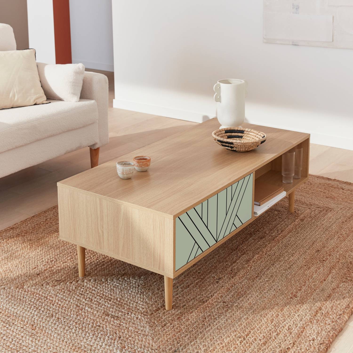 Wood-effect coffee table, 120x55x40cm, Water Green | sweeek