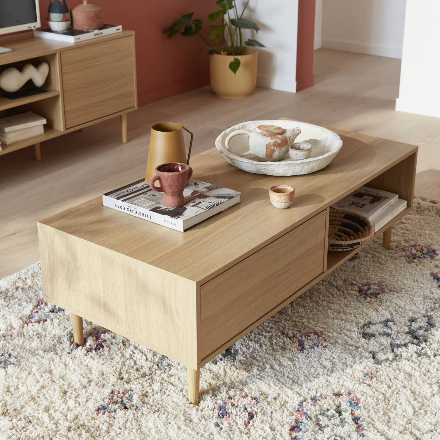 Wood-effect coffee table, 120x55x40cm, Natural wood colour | sweeek