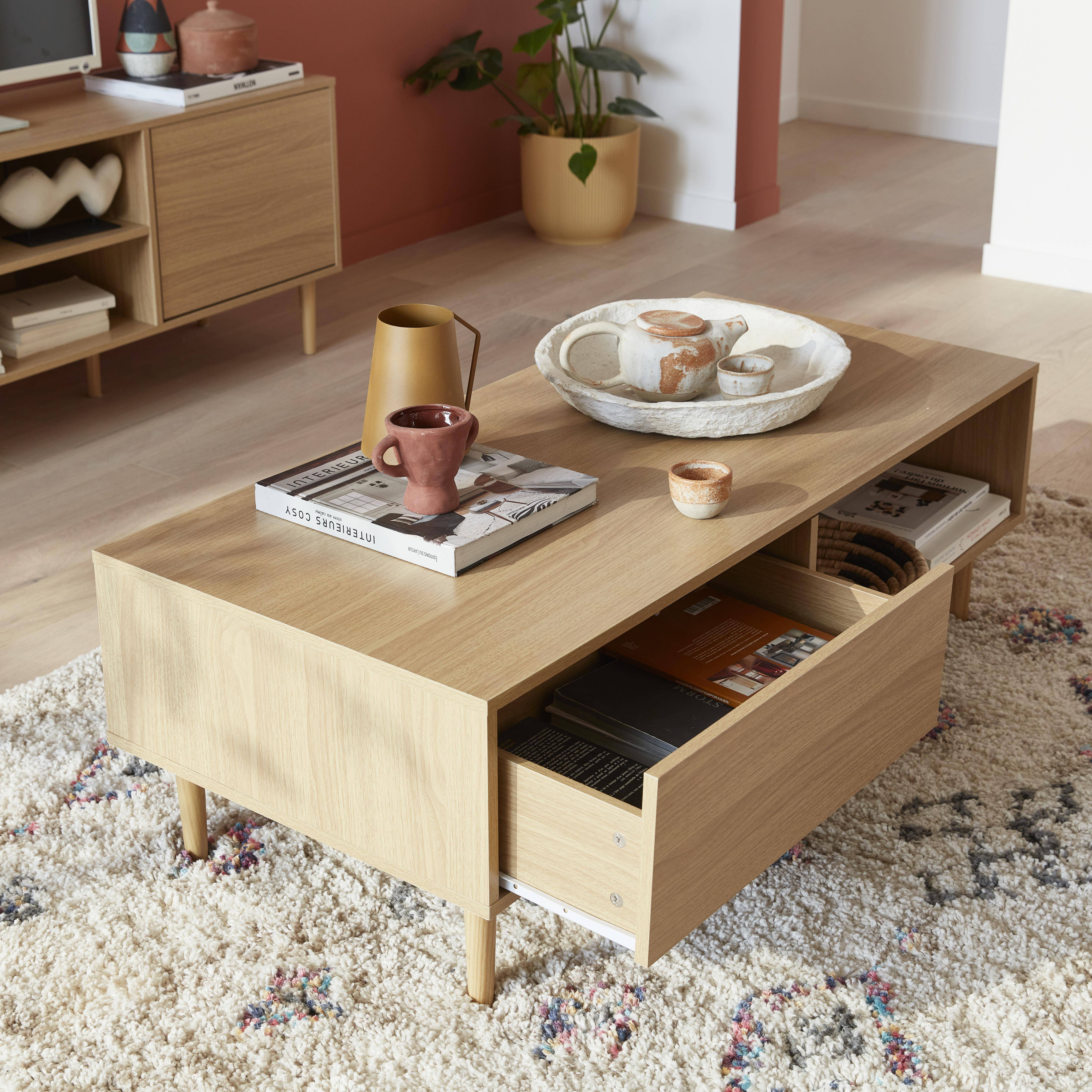 Table basse en décor bois - Mika - 2 tiroirs, 2 espaces de rangement, L 120 x l 55 x H 40cm,sweeek,Photo2