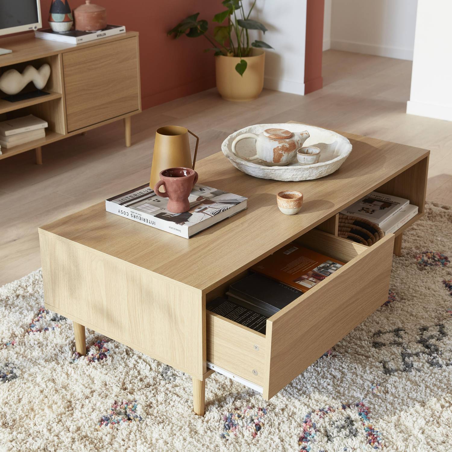 Tavolino in legno decorato - Mika - 2 cassetti, 2 vani portaoggetti, L 120 x L 55 x H 40cm Photo2