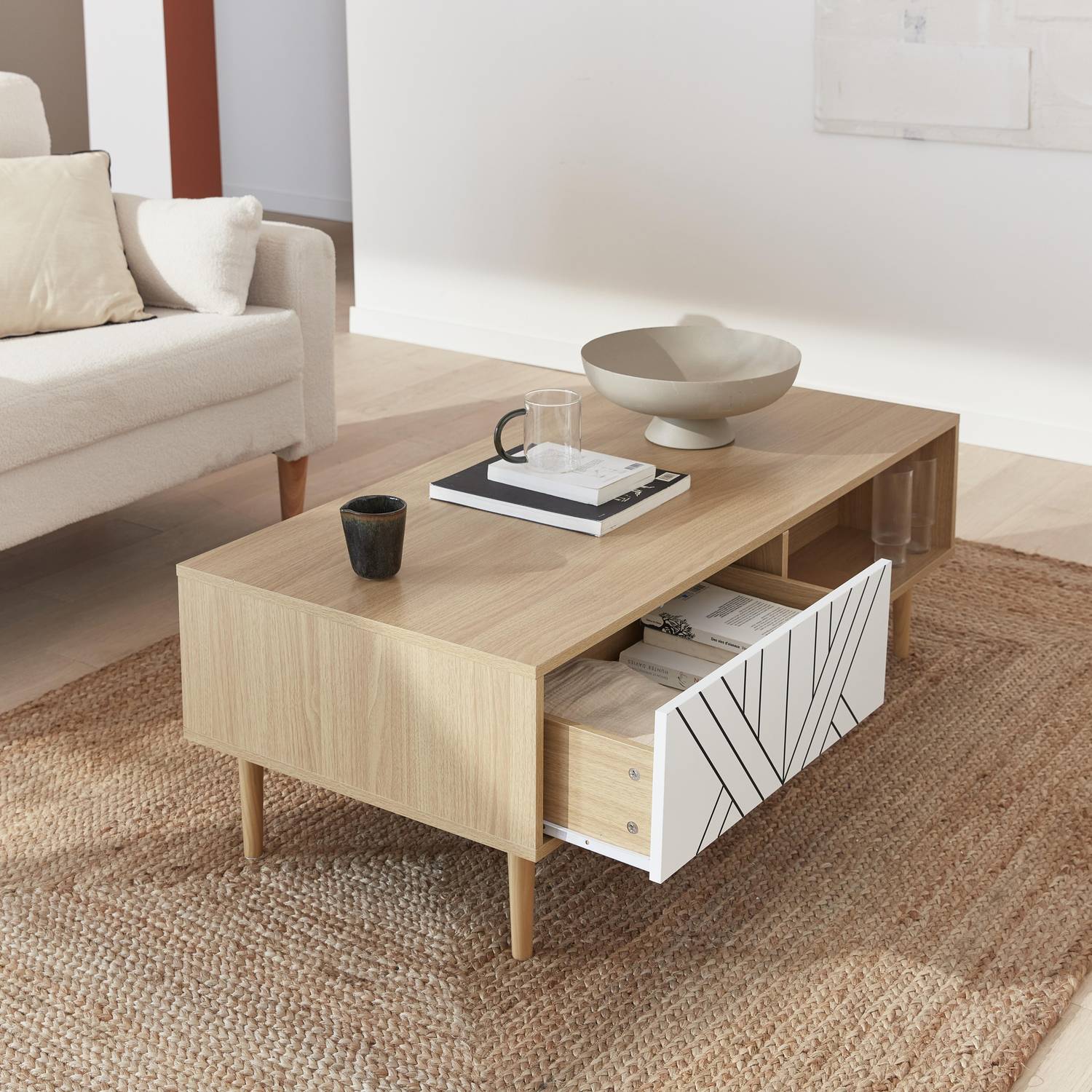 Wood-effect coffee table, 120x55x40cm, Mika, White Photo2