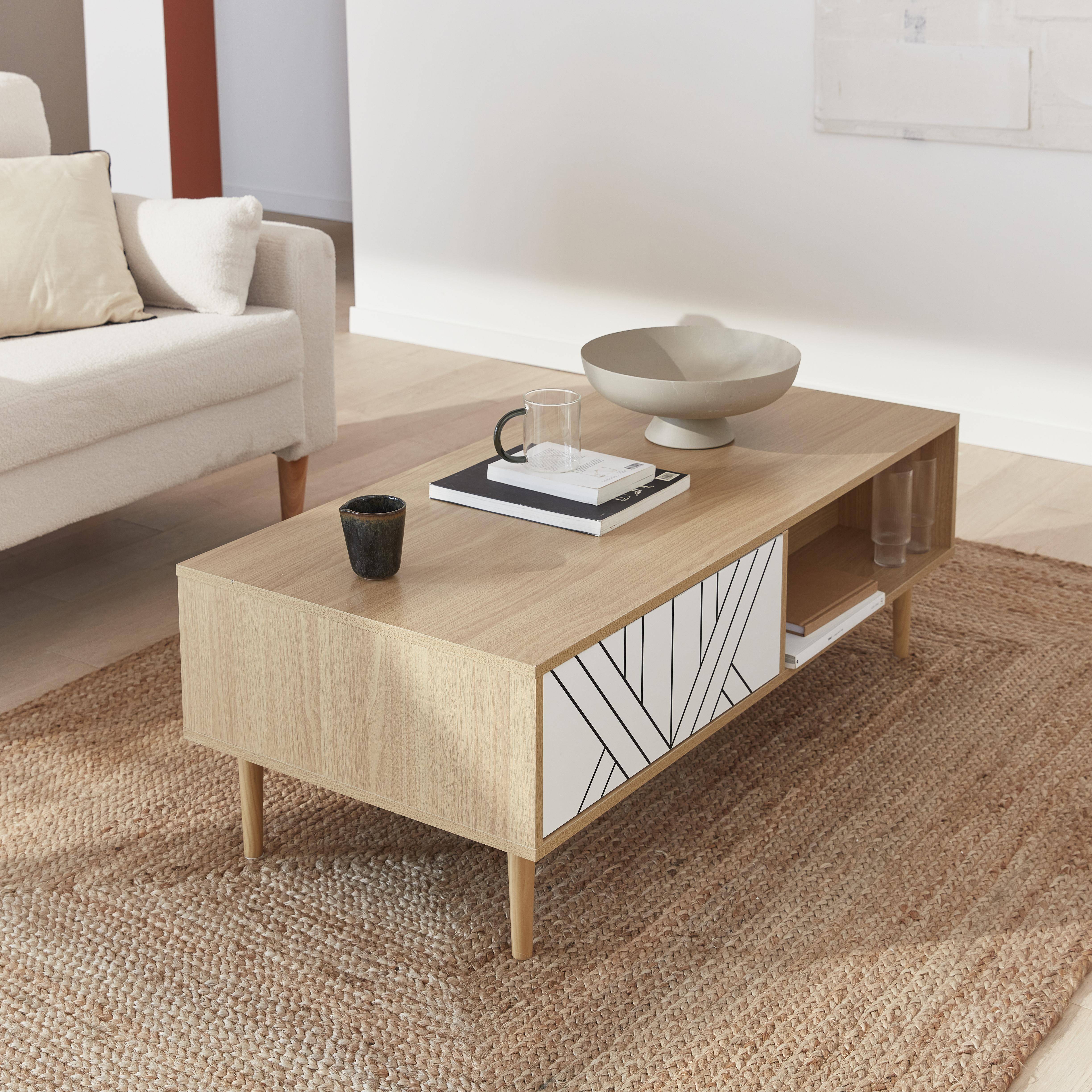 Table basse en décor bois et blanc - Mika - 2 tiroirs, 2 espaces de rangement, L 120 x l 55 x H 40cm,sweeek,Photo1