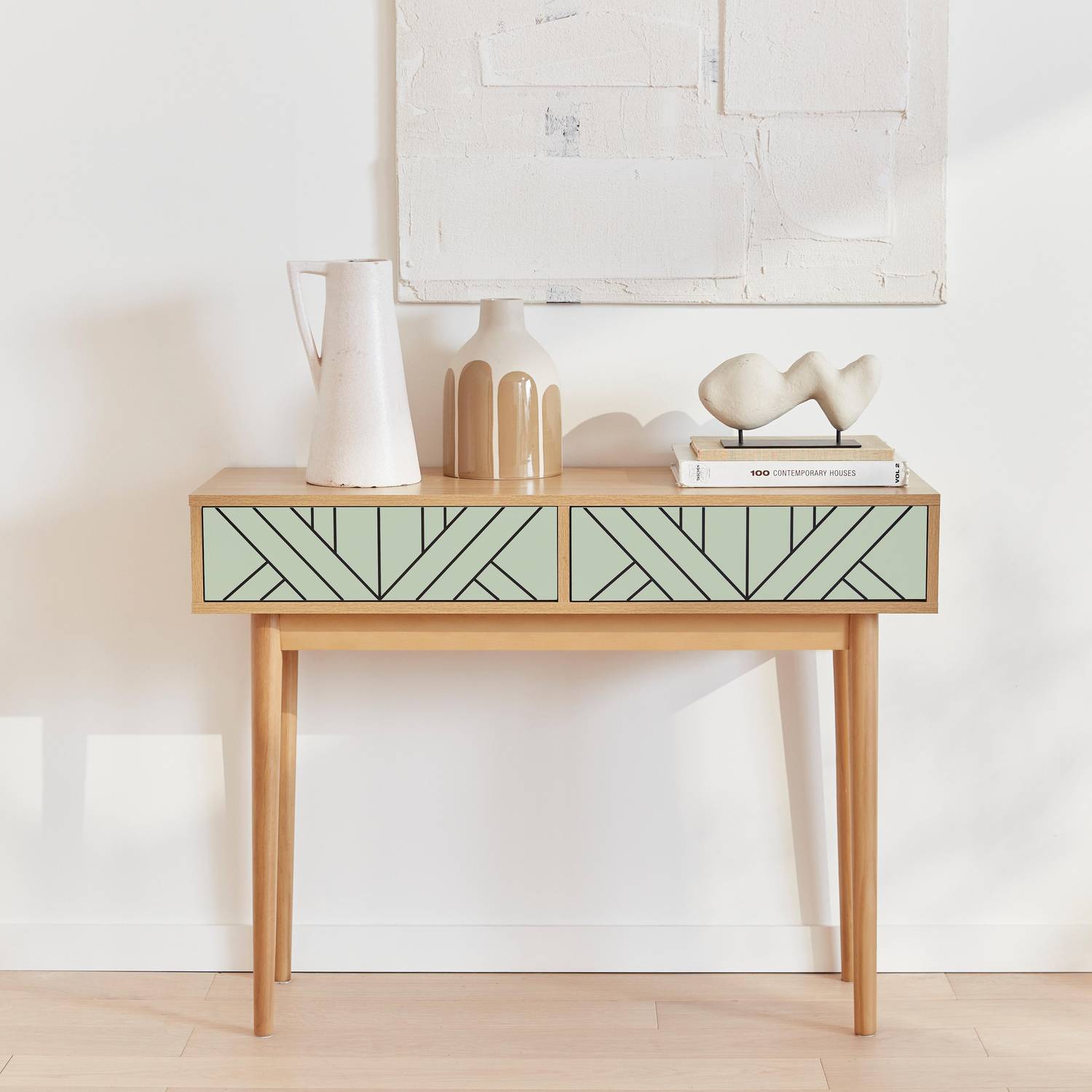 Wood-effect console table, 100x35x75cm, Mika, Water Green Photo1
