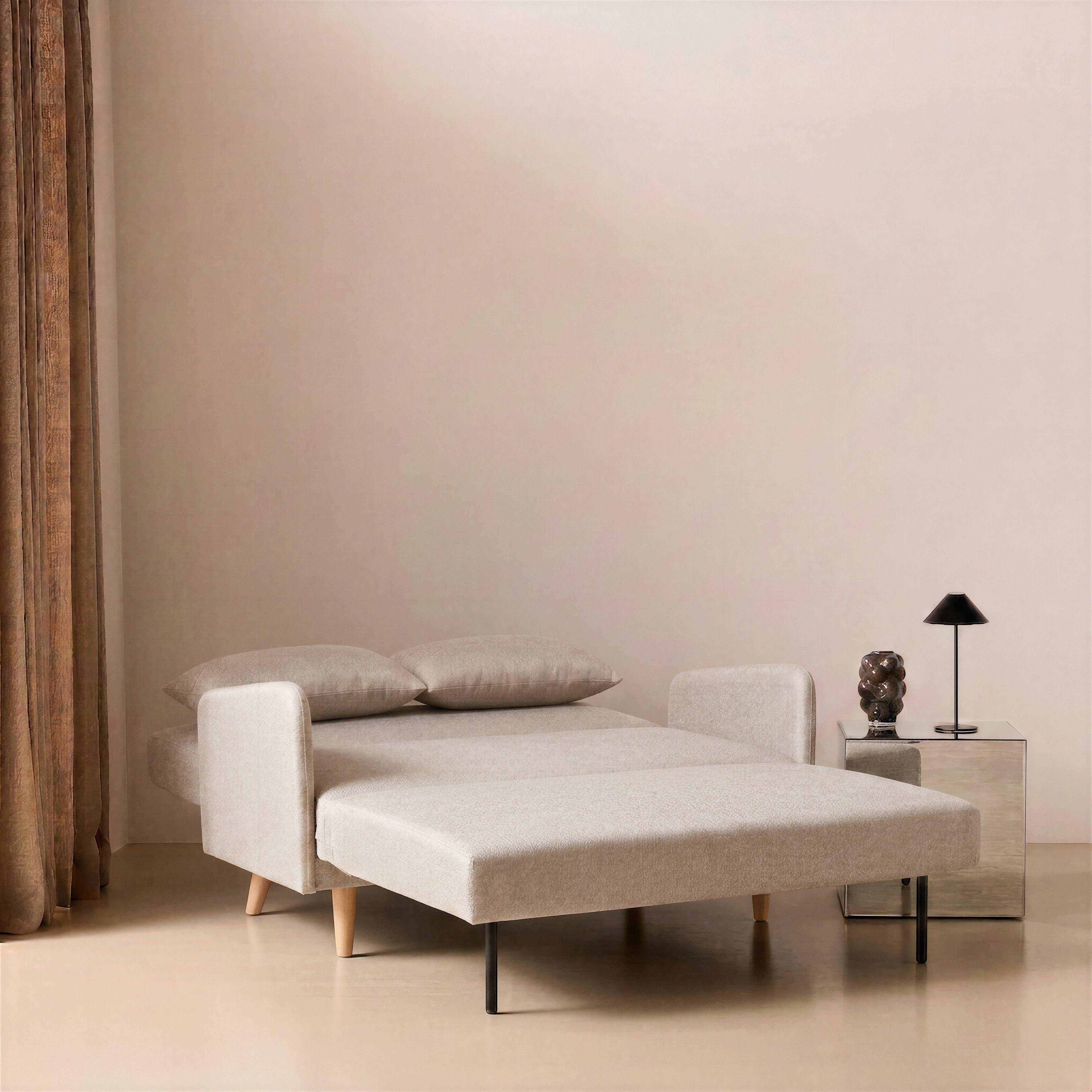 Canapé convertible en tissu - Panam - 2 places scandinave, pieds bois, beige, banquette, dossier inclinable Photo2